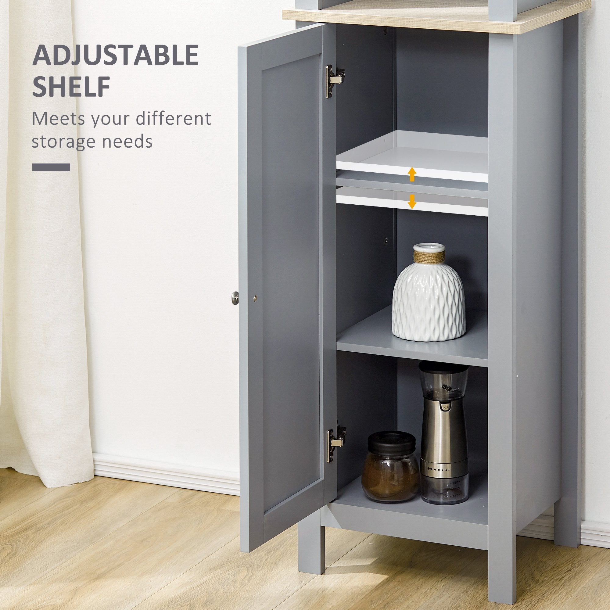 Bathroom Floor Storage Cabinet with 3 Tier Shelf and Cupboard with Door, Free Standing Linen Tower, Tall Slim Side Organizer Shelves, Grey Bathroom Cabinets   at Gallery Canada