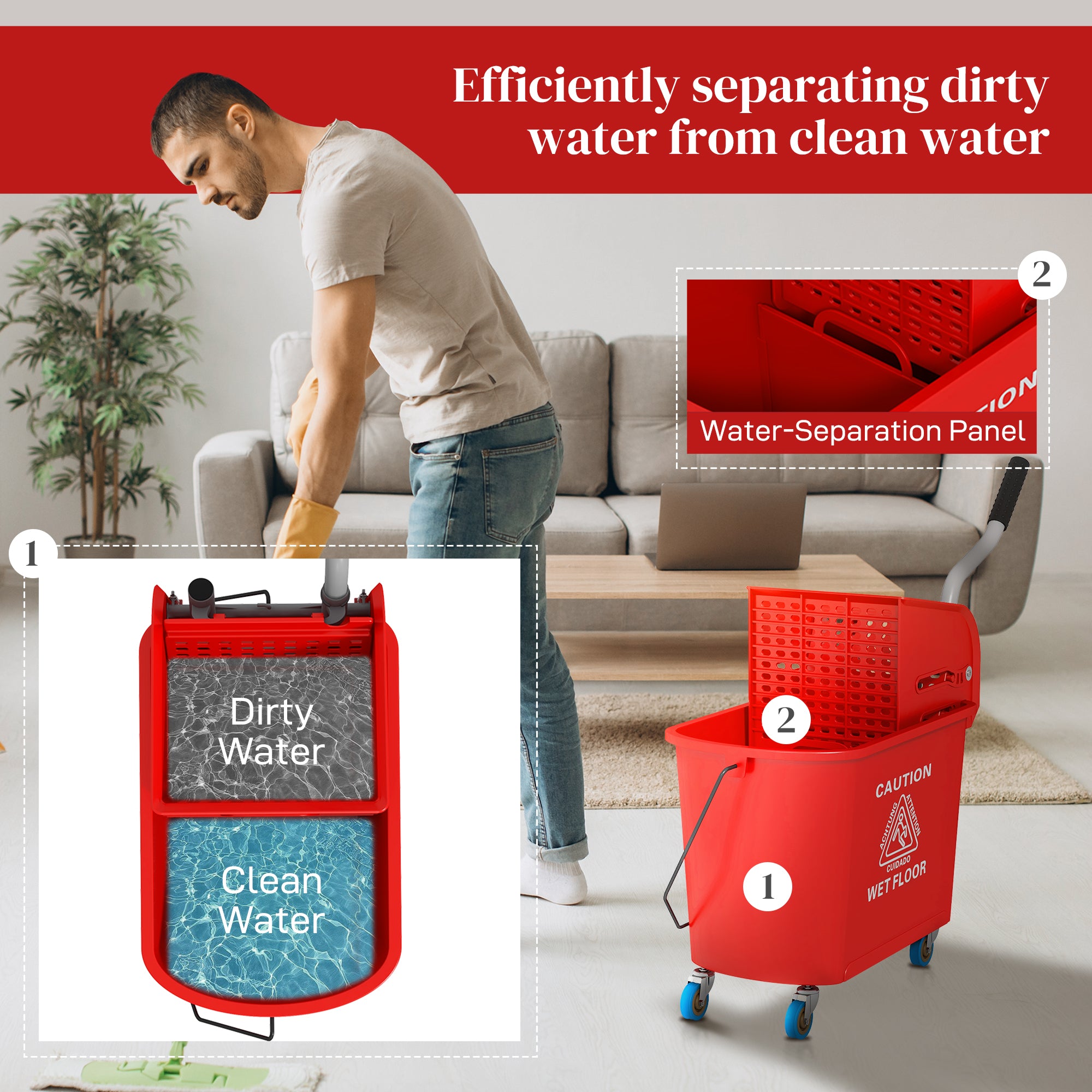 Mop Bucket with Wringer, Mop Bucket on Wheels for Floor Cleaning, 5 Gallon, Separate Dirty and Clean Water, Red Household Supplies at Gallery Canada