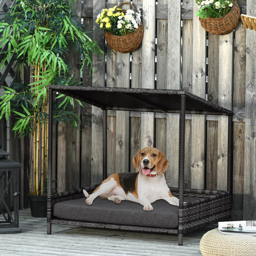 Wicker Dog House Raised Rattan Dog Cat Bed for Indoor Outdoor Garden Patio Pet Sofa with Cushion Medium Sized Pet Grey