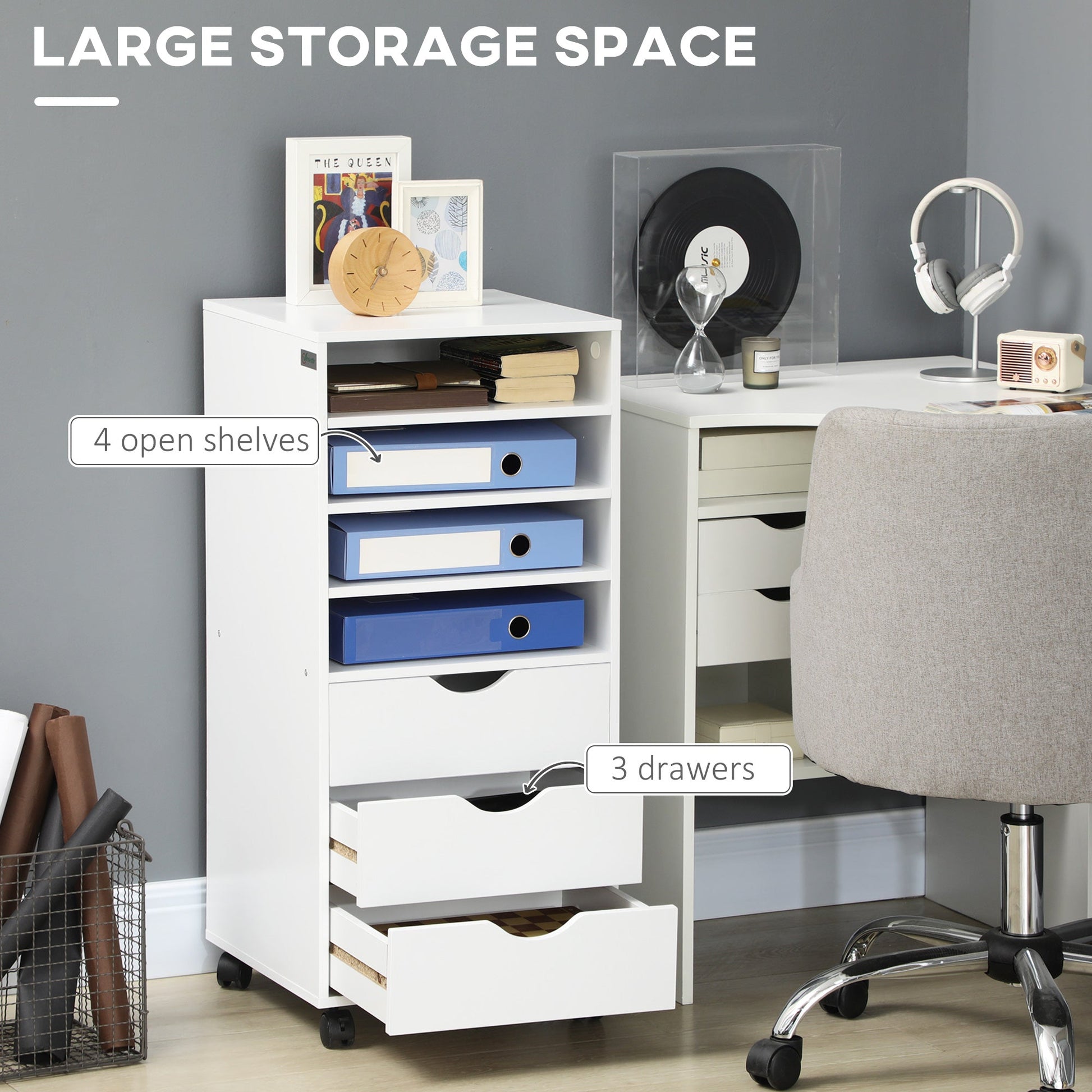 Vertical Filing Cabinet, Mobile File Cabinet on Wheels with 3 Drawers and 4 Open Shelves for Home Office, White Office Cabinets & Cupboards   at Gallery Canada