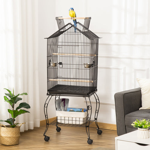 Bird Cage 57 Inch Flight Cage for Finch Canary Budgie with Rolling Stand, Pull Out Tray, Storage Shelf, Open Top Budgerigar w/ Wheels 57