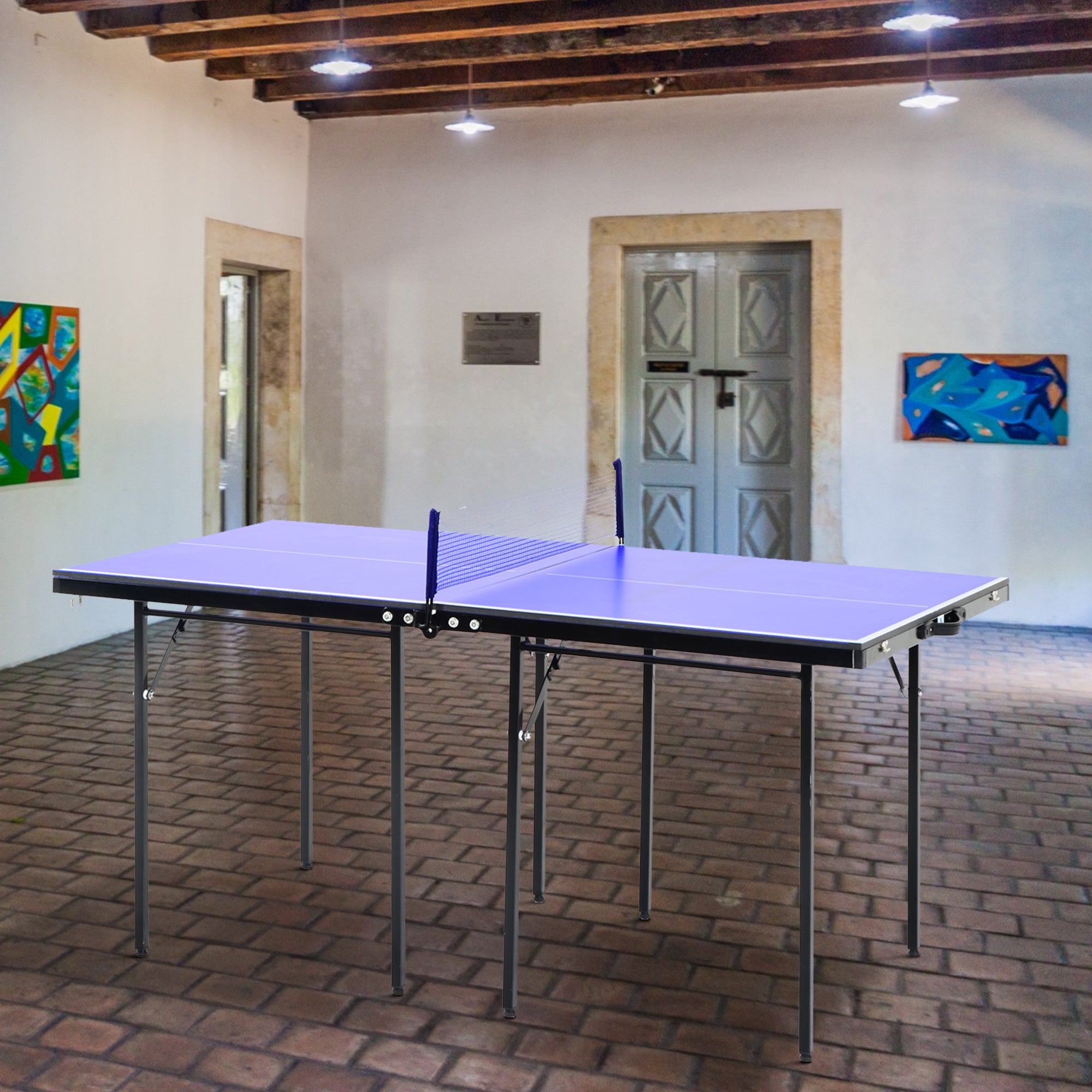 Folding Table Tennis Table, Portable Ping Pong Table with Side Handles, Net, Blue Game Tables at Gallery Canada