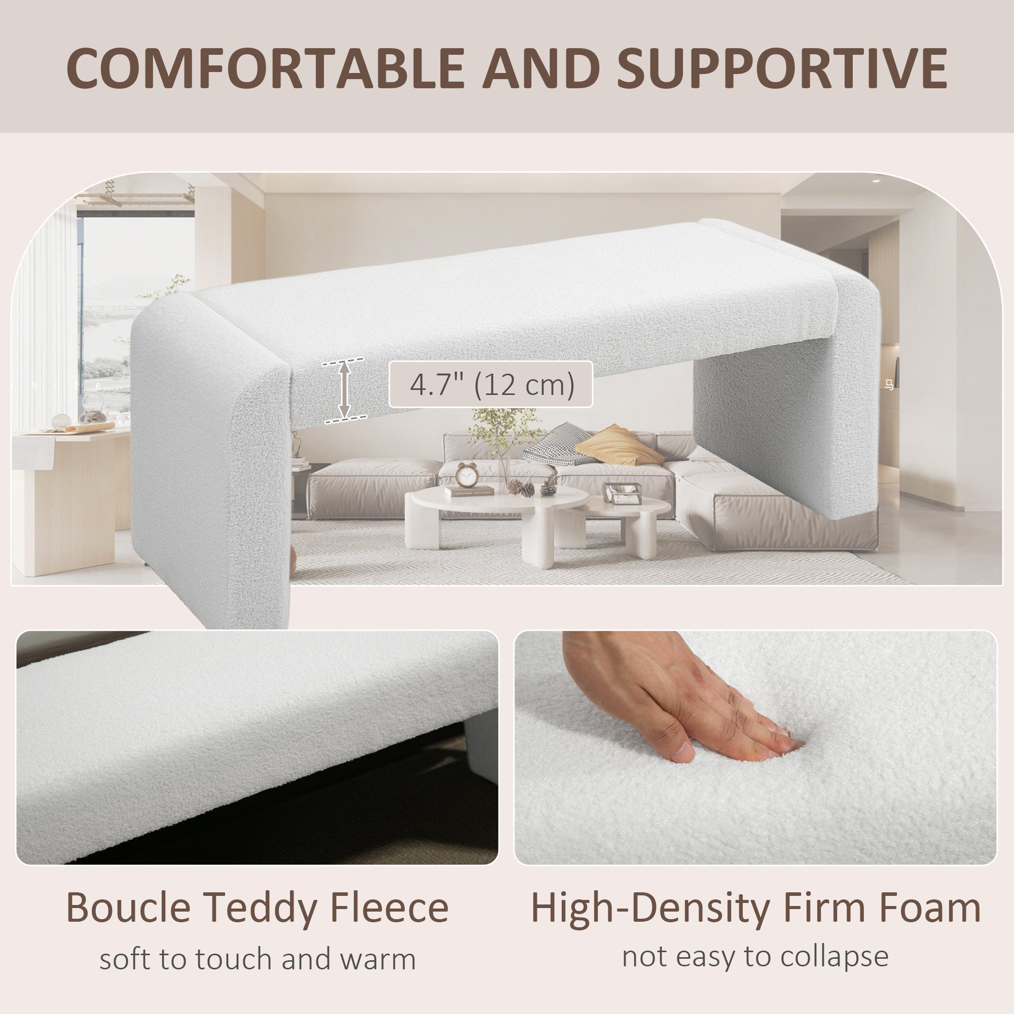 Upholstered Bedroom Bench, Boucle End of Bed Bench, Modern U-Shaped Entryway Bench, 47 x 18 x 18 Inches, White Storage Ottomans & Benches at Gallery Canada