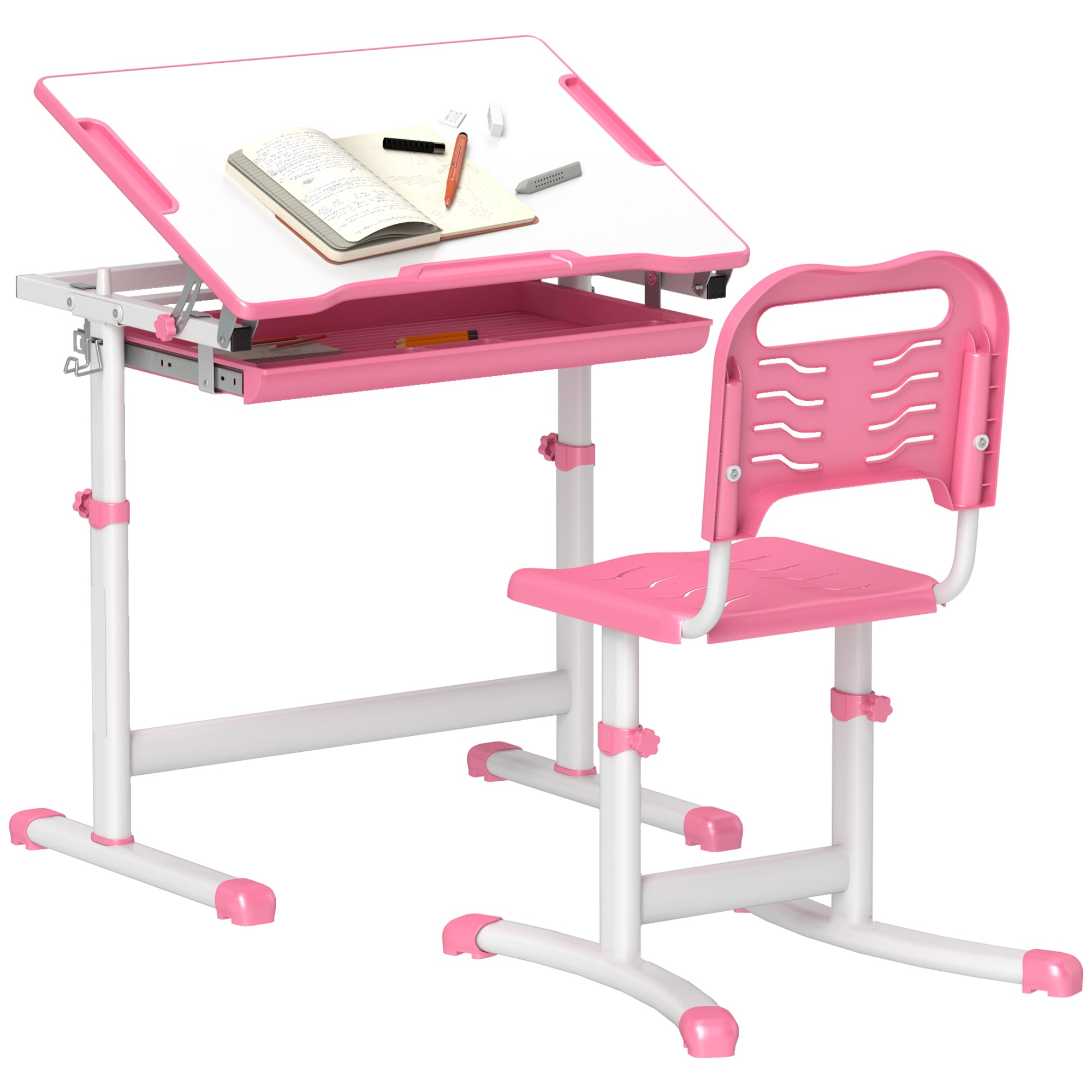 Height Adjustable Study Table and Chair Set with Drawer, Pen Slot, Tiltable Desktop, Hook, Pink Kids Desk Sets   at Gallery Canada