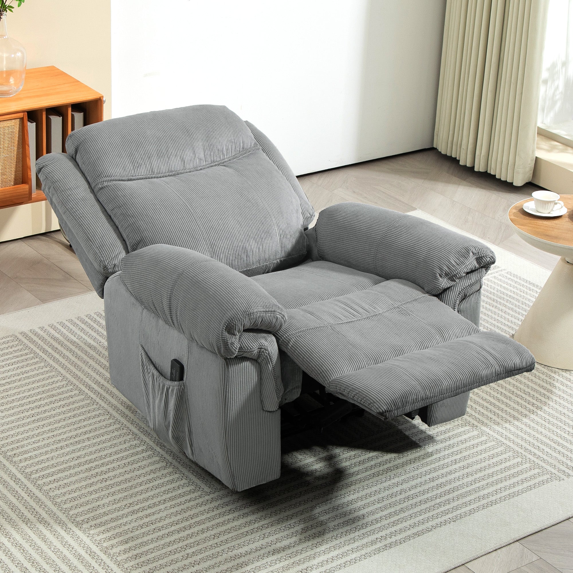 Manual Recliner Chair with Vibration Massage, Side Pockets, Corduroy Reclining Chair for Living Room, Grey Sofas & Reclining Chairs at Gallery Canada