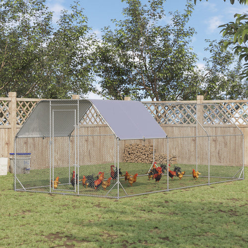 Chicken Run, Galvanized Large Metal Chicken Coop Cage, Walk-in Enclosure Poultry Hen Run House Playpen Rabbit Hutch with Flat Roof, Cover, for Outdoor Backyard, 9.2' x 18.7' x 6.5', Silver