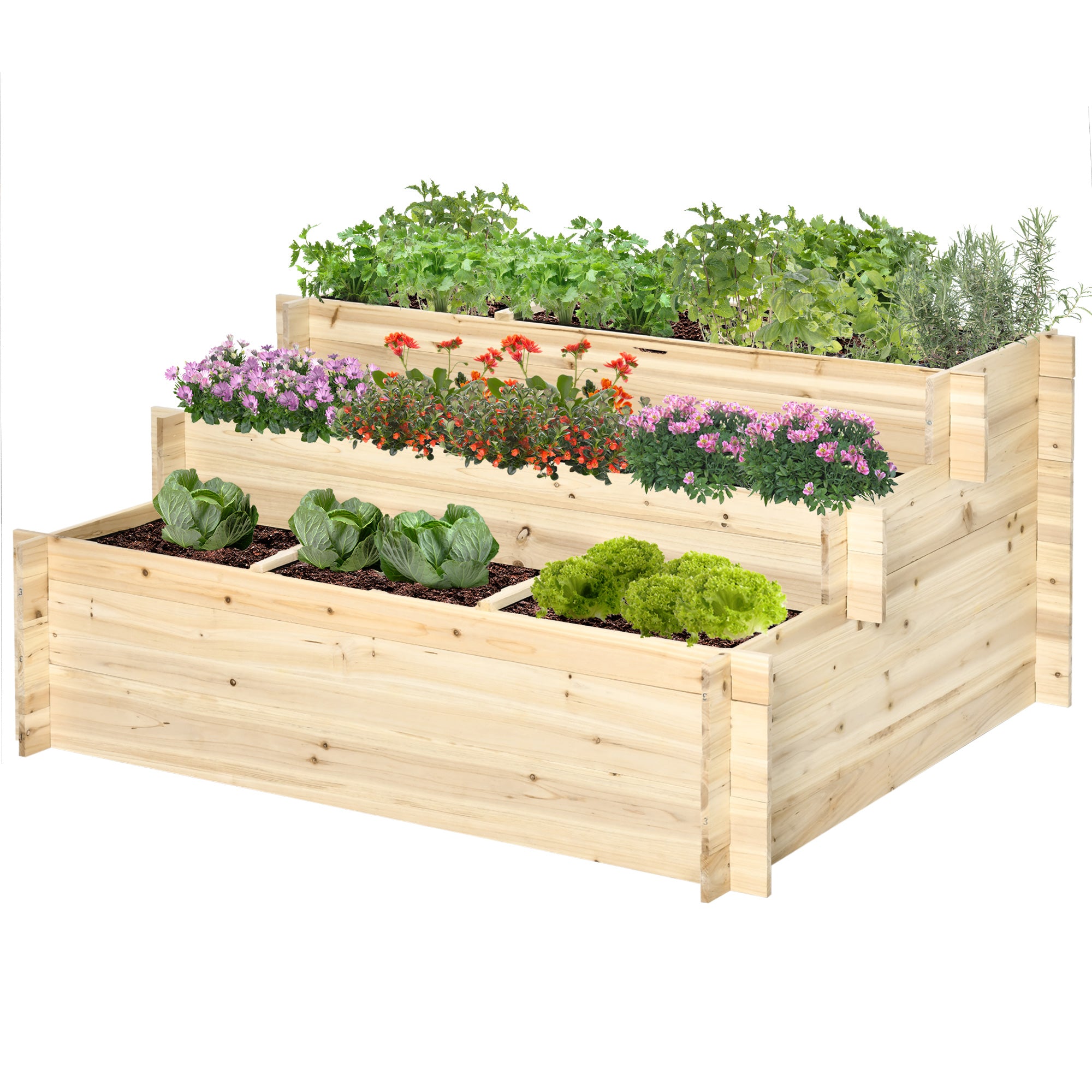 3 Tier Raised Garden Bed with 9 Grow Grids and Bed Liner for Garden, Outdoor to Vegetables, Flowers, Natural Raised Garden Beds Natural at Gallery Canada