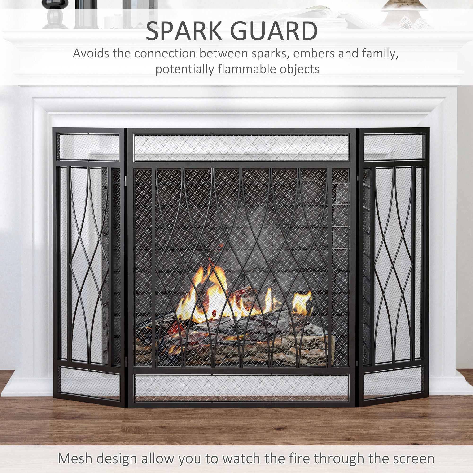 3-Panel Metal Mesh Fireplace Screen, Decorative Fire Spark Guard Cover, 49.5