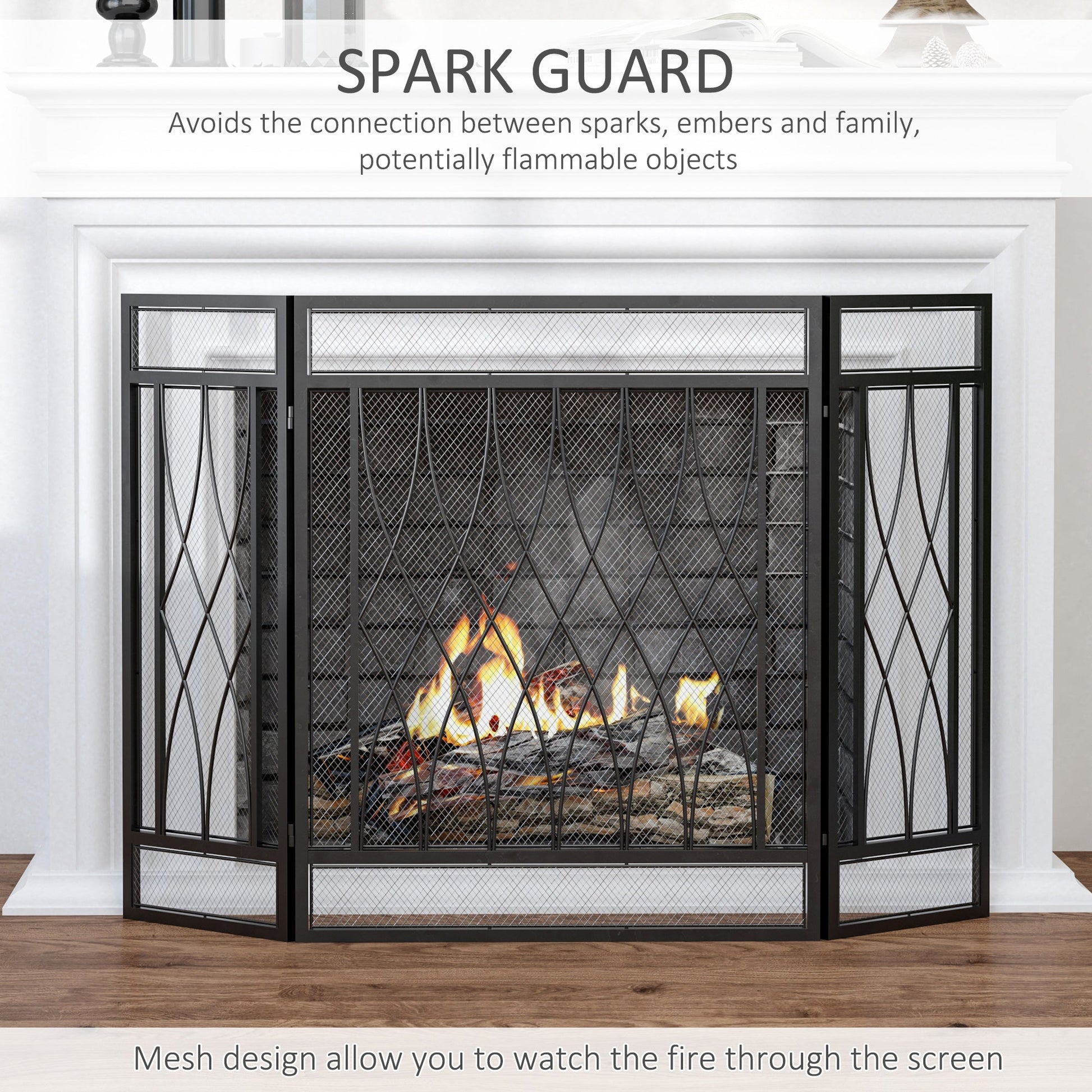 3-Panel Metal Mesh Fireplace Screen, Decorative Fire Spark Guard Cover, 49.5" x 31.5"for Living Room Home Decor, Black Fireplace Screens   at Gallery Canada