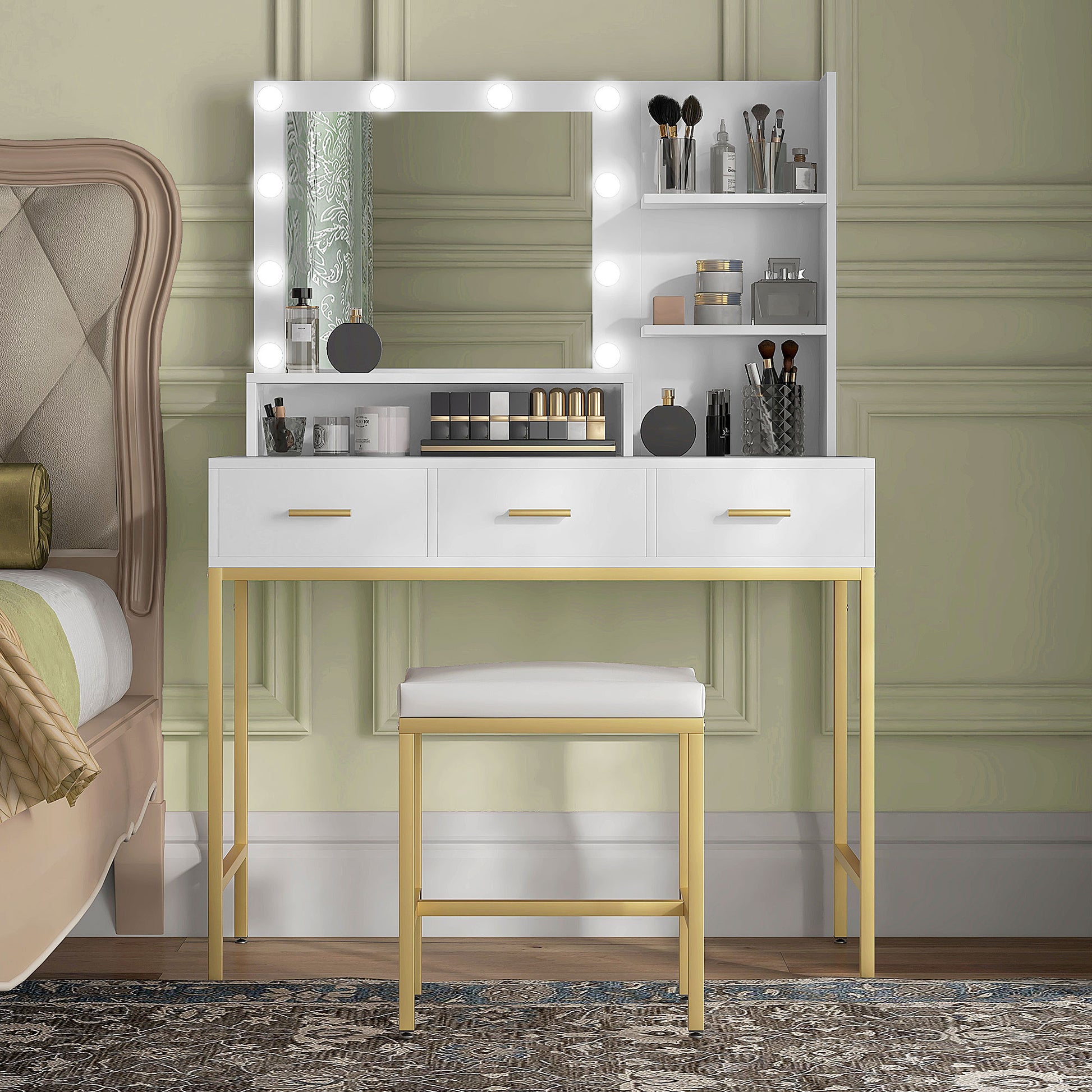 Illuminated Dressing Table, LED Vanity Table with Mirror, 3 Drawers and Storage Shelves for Bedroom, White Dressing & Vanity Tables   at Gallery Canada