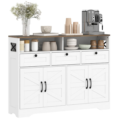 Sideboard, Buffet Cabinet with 4 Barn Doors and 3 Drawers, Coffee Bar Cabinet with Adjustable Shelves, White Storage Cabinets at Gallery Canada