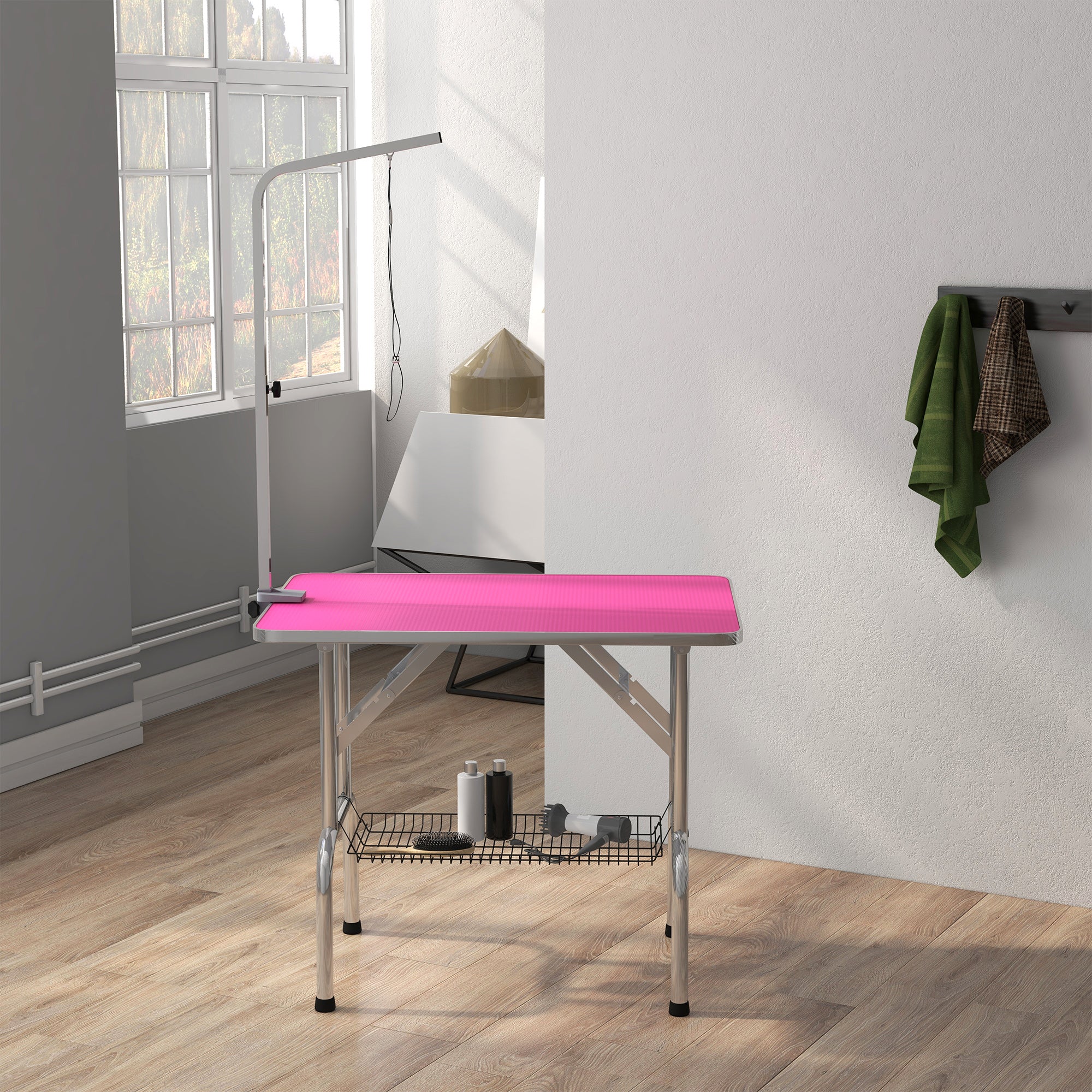 Foldable Grooming Table for Dogs with Height Adjustable Grooming Arm, Storage Shelf, Pink Dog Grooming Tables at Gallery Canada