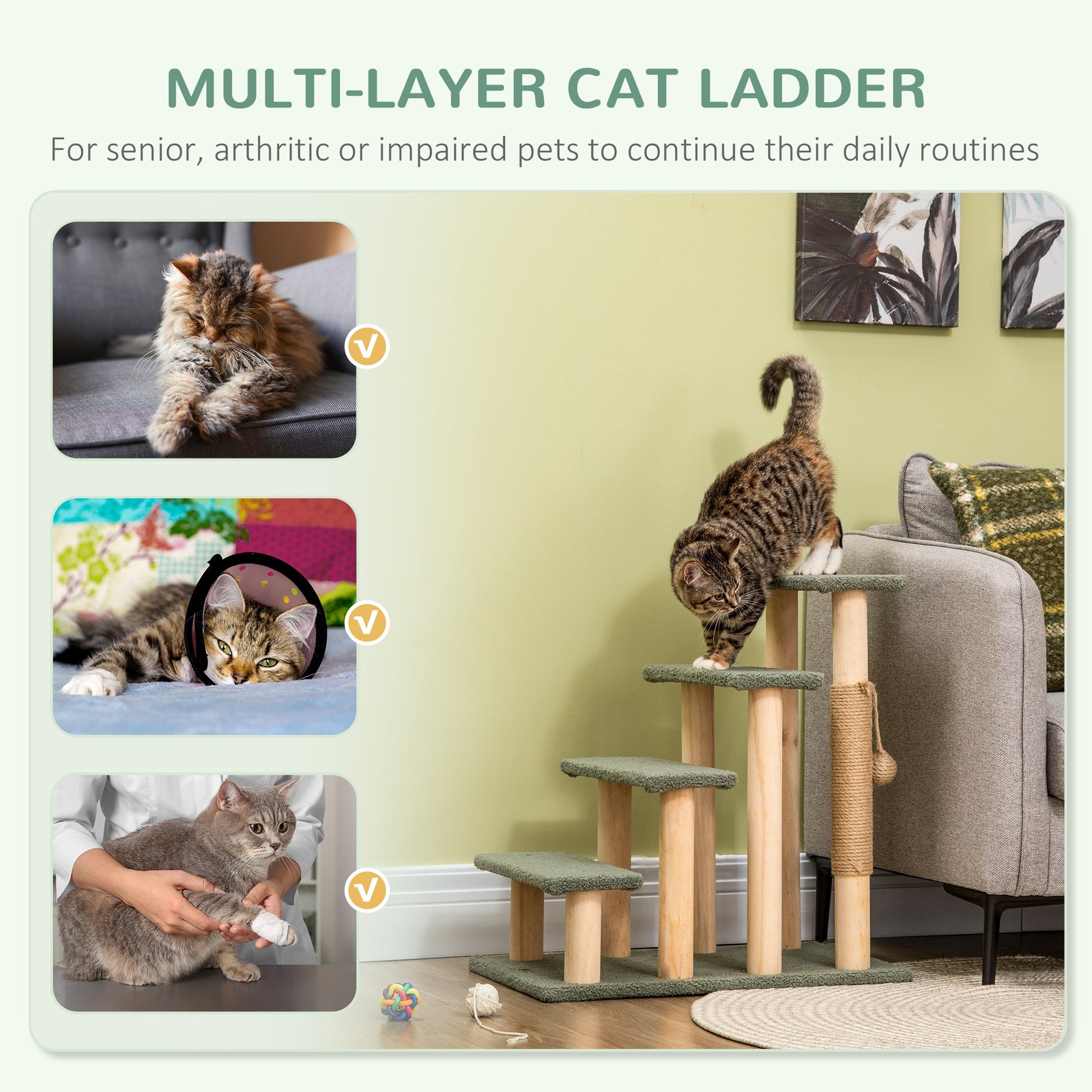 4-Level Pet Dog Cat Stairs, 25" Cat Tree Tower with Sisal Scratching Posts and Ball Toy, Green Cat Stairs   at Gallery Canada