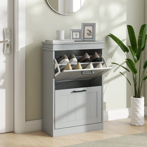 Shoe Storage Cabinet with 2 Flip Drawers and Adjustable Shelves, Narrow Shoe Cabinet for 10 Pairs of Shoes, Grey