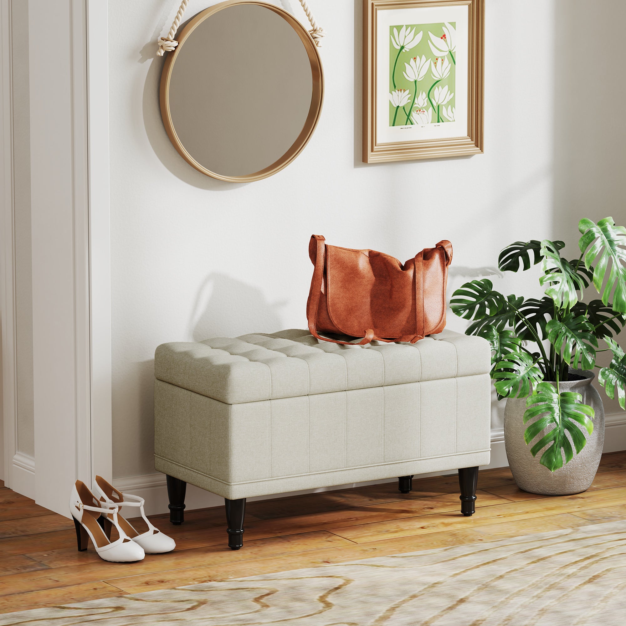 Storage Ottoman, Linen Fabric End of Bed Bench with Button Tufted Storage Bench for Bedroom, Beige Storage Ottomans & Benches at Gallery Canada