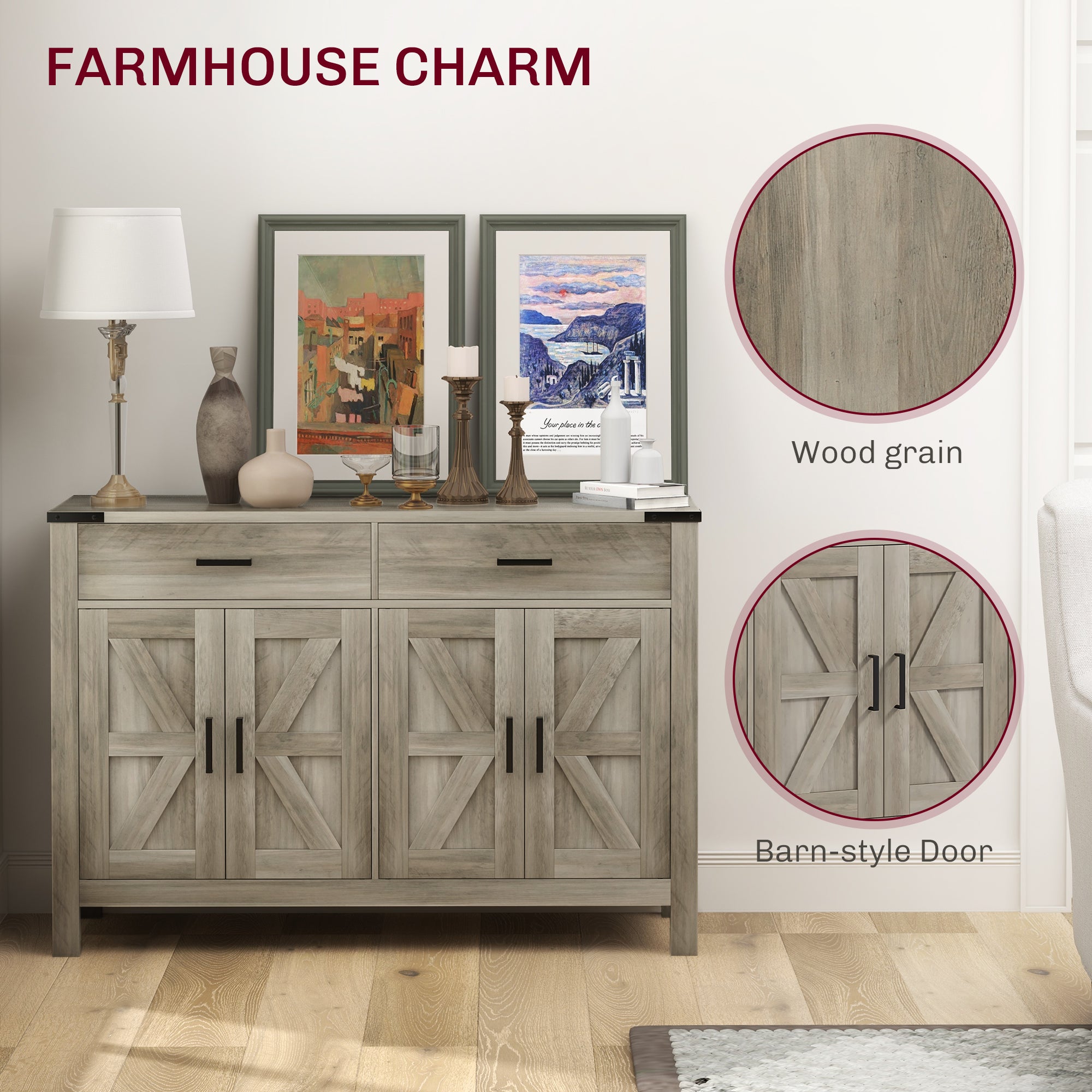 Farmhouse Buffet Cabinet Sideboard with 2 Drawers, 2 Storage Cabinets and Adjustable Shelves, Grey Bar Cabinets   at Gallery Canada