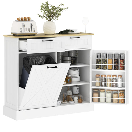 Hidden Garbage Bin Cabinet, Tilt Out Trash Cabinet w/ 2 Drawers, Freestanding Kitchen Island for Laundry, White