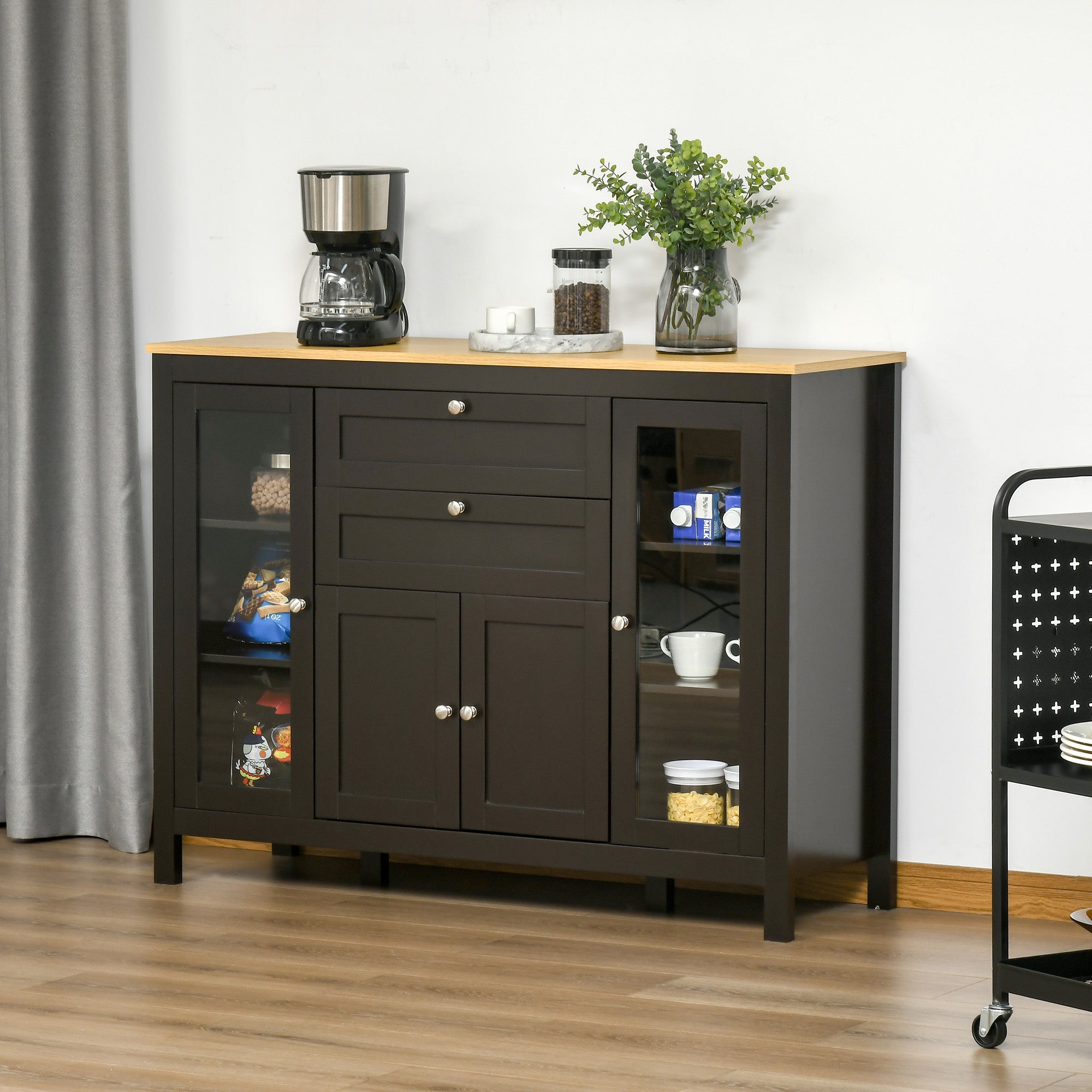 Buffet Cabinet Sideboard with 2 Drawers, 3 Storage Cabinets, Glass Doors and Adjustable Shelves, Dark Brown Bar Cabinets at Gallery Canada