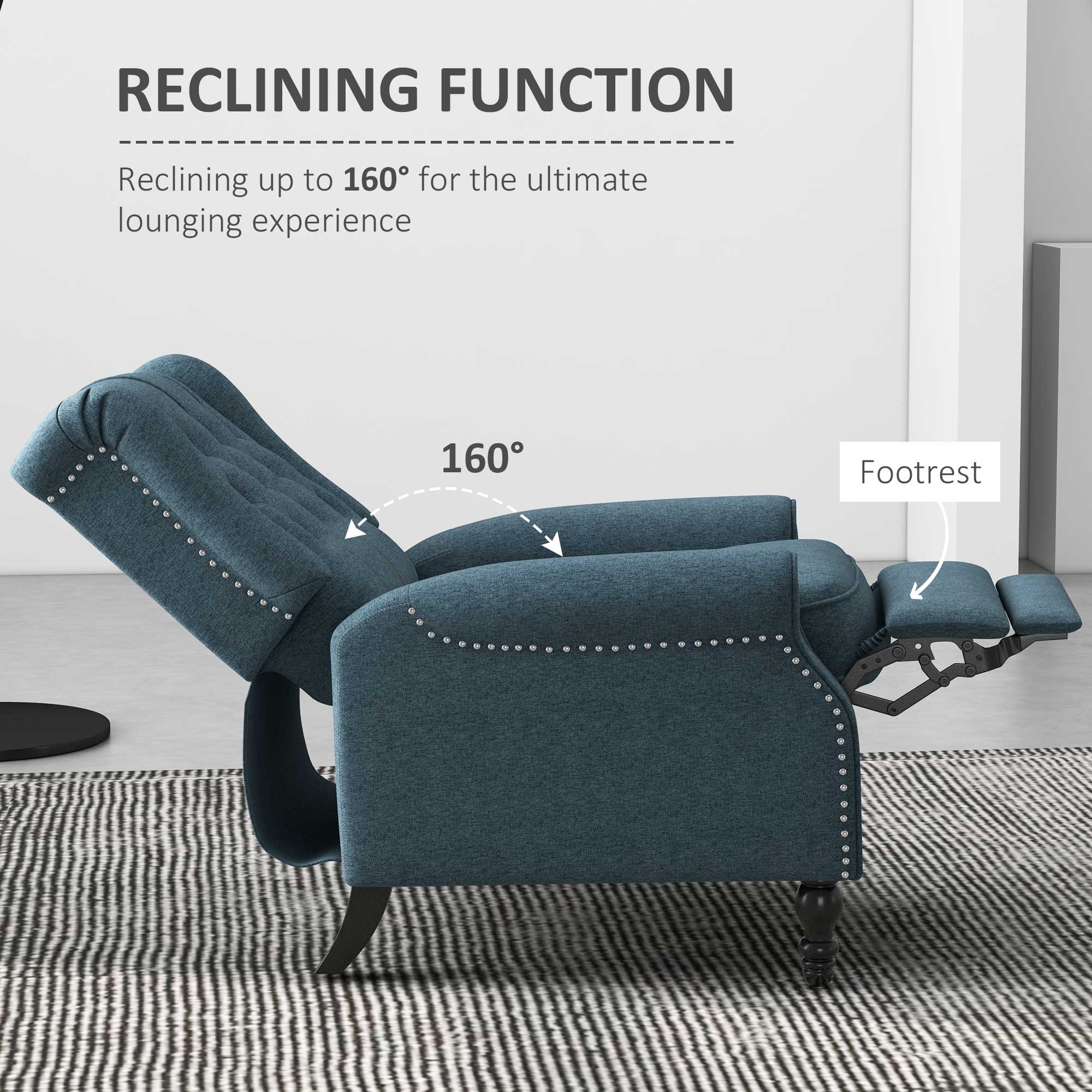 Wingback Reclining Chair with Footrest, Button Tufted Recliner Chair with Rolled Armrests for Living Room, Blue Single Sofas   at Gallery Canada