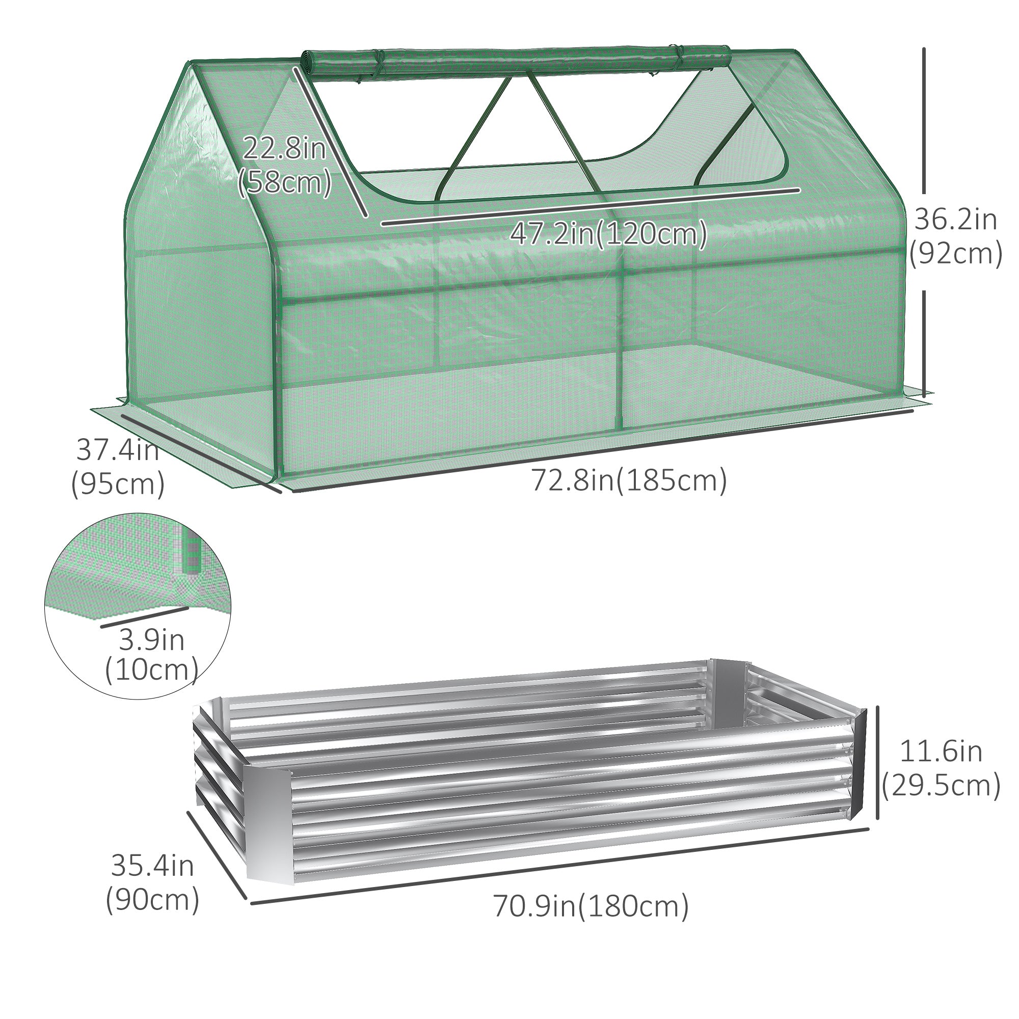 Greenhouse with Raised Garden Bed, Steel Outdoor Planter Box with Plastic Cover, Roll Up Window, Dual Use for Flowers, Vegetables and Herbs, 73