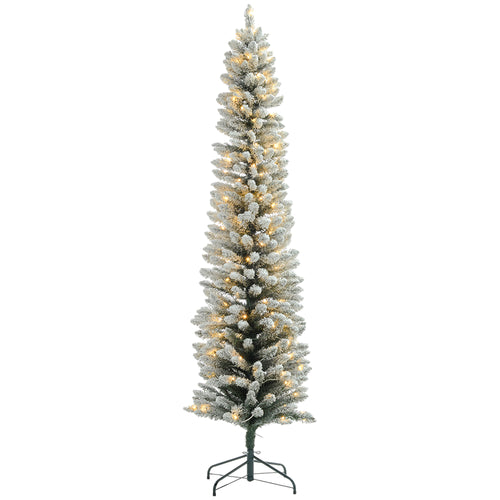 7ft Artificial Prelit Christmas Tree with Warm White LED Light, Snow Flocked Branches, Metal Base, Pencil Xmas Tree