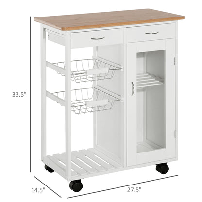 34" Rolling Wood Kitchen Trolley Serving Cart with Drawer and Cabinet Wheeled Kitchen Storage Island White with Bamboo Top Kitchen Islands & Kitchen Carts   at Gallery Canada