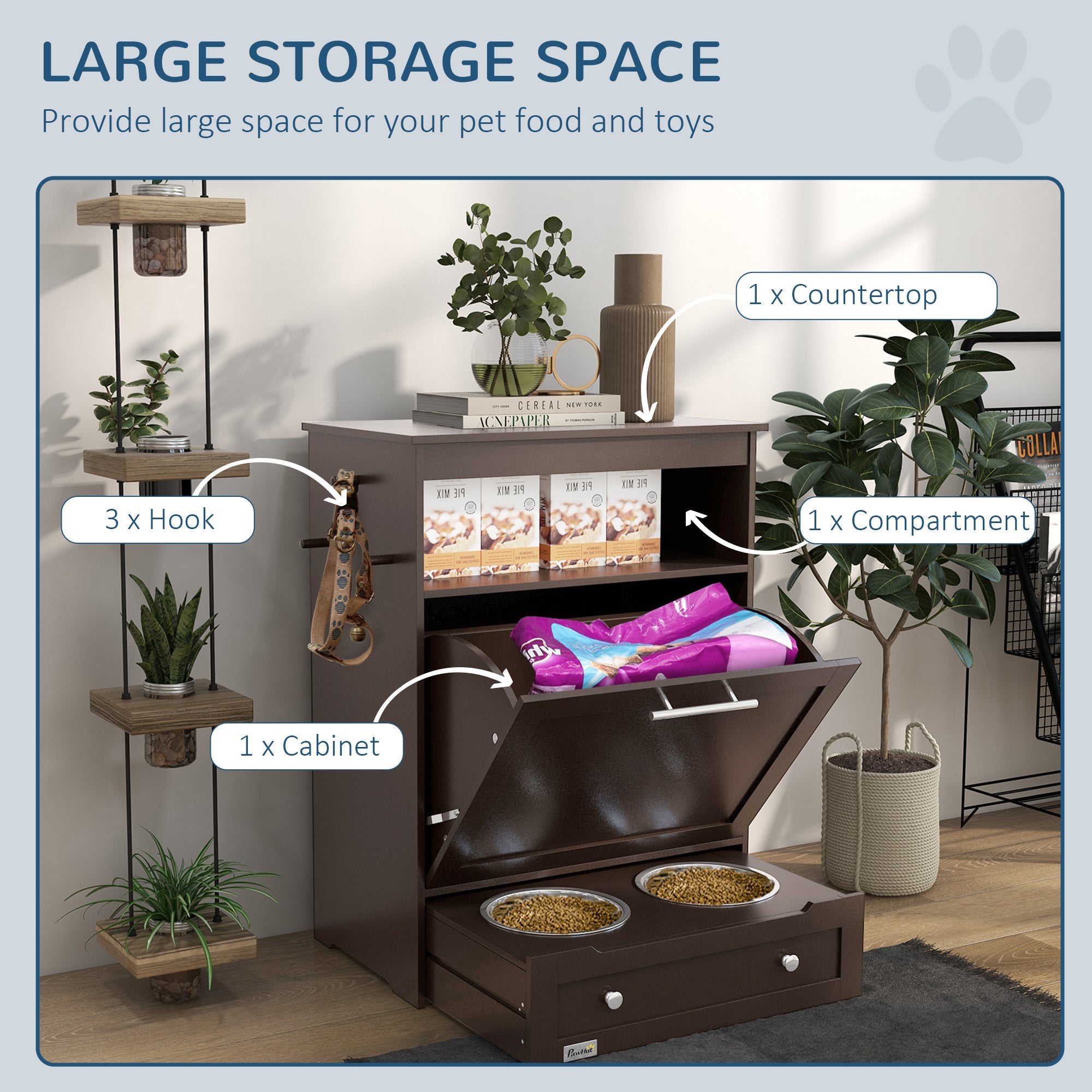 Pet Feeder Station Storage Cabinet, Dog Food Storage Container with Dog Raised Bowls, Watering Supplies, Coffee Dog Bowls   at Gallery Canada