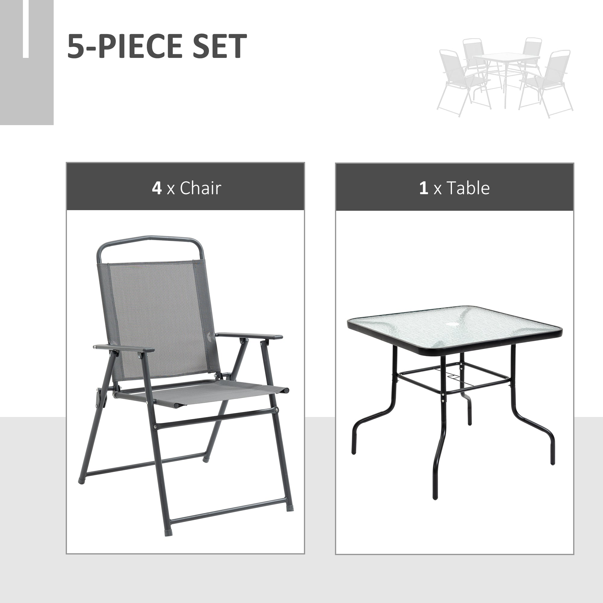 5 Pieces Patio Table and Chairs, Outdoor Dining Set with 4 Folding Chairs, Glass Tabletop and Parasol Hole, Grey Outdoor Dining Sets at Gallery Canada