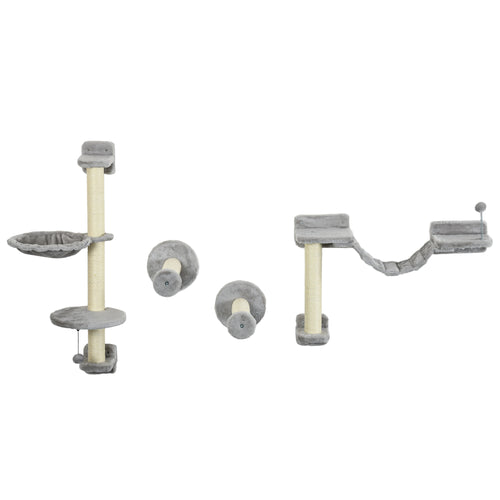 4PCs Cat Wall Shelves with Hammock, Scratching Post, Ladder, Steps, Platforms, Toy Balls, Grey