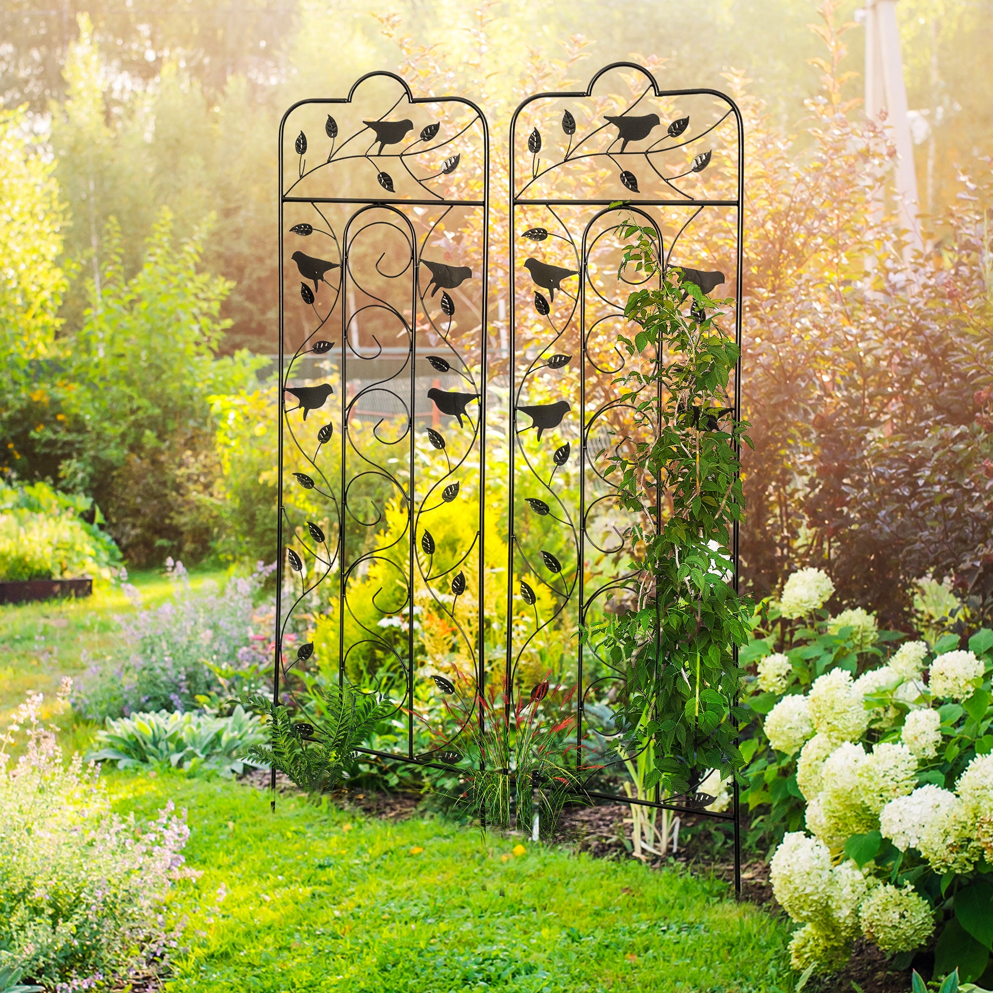 2 Pack Garden Trellis for Climbing Plants, Outdoor Metal Grid Panels with Birds and Leaves, for Roses, Vine Flower, Cucumber, Clematis, 59