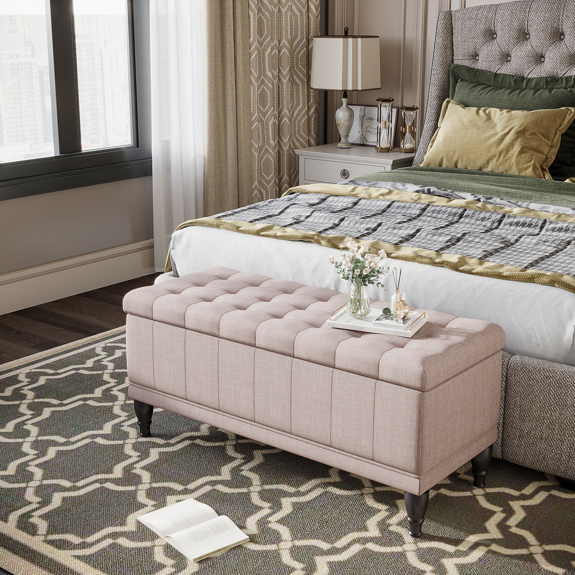 Storage Ottoman, Linen Fabric End of Bed Bench with Soft Close Lid, Button Tufted Storage Bench for Living Room, Entryway or Bedroom, 42