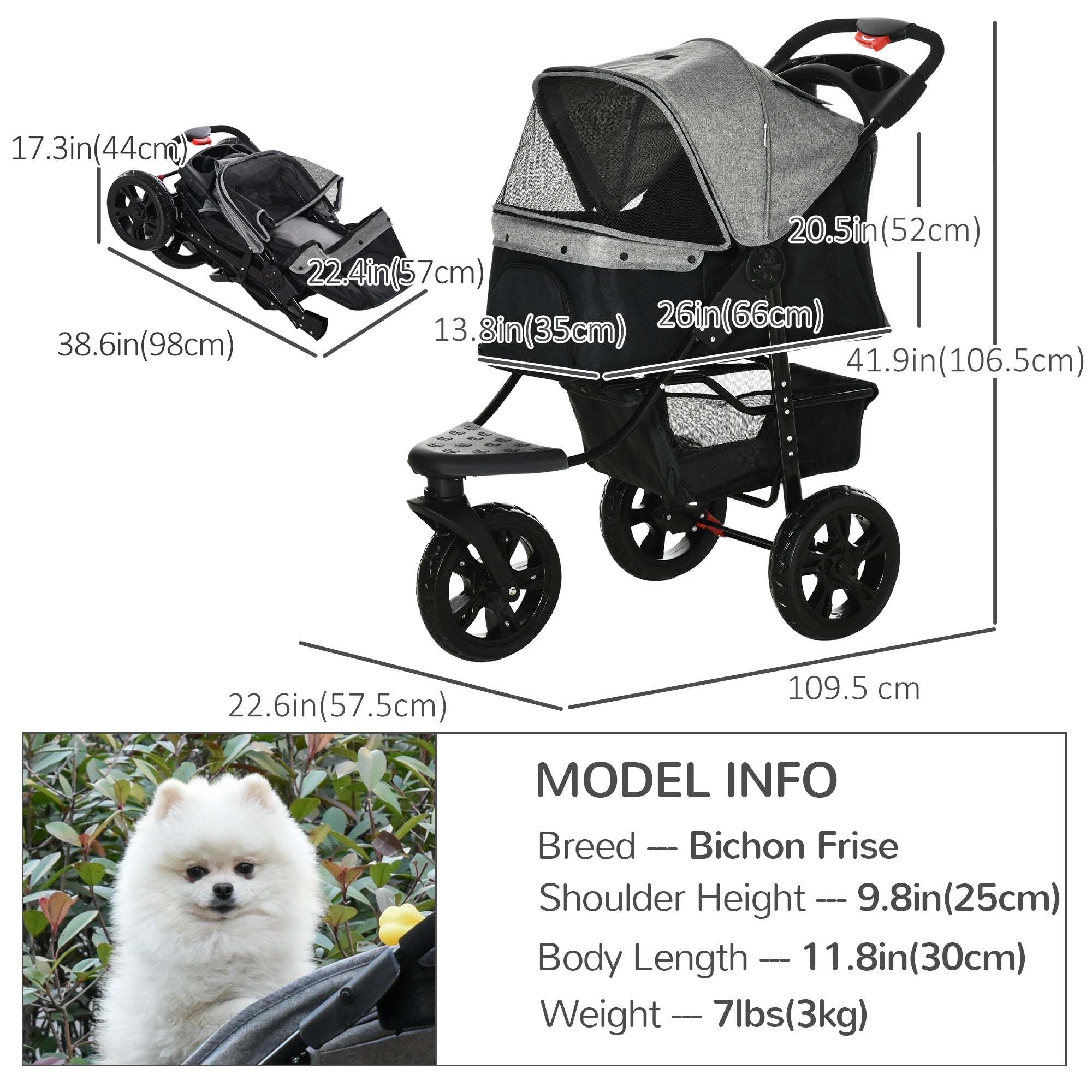 3 Wheel Folding Dog Stroller, Jogger Travel Carrier with Adjustable Canopy, Storage Brake, Mesh Window for S&;M Dogs Grey Dog Bike Trailers & Strollers   at Gallery Canada