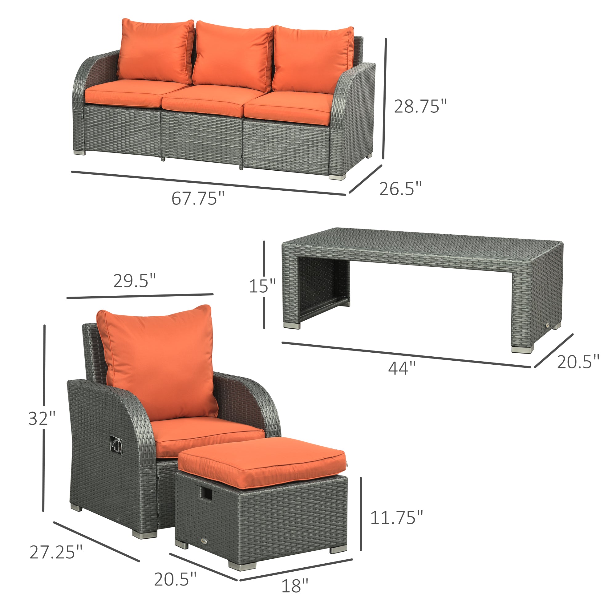 Patio Furniture with Cushions, 6 Pieces PE Wicker Patio Sectional Furniture Conversation Set w/ a Three-Seat Sofa, 2 Recliner Chairs, 2 Footstools &; Table, Orange Patio Furniture Sets at Gallery Canada