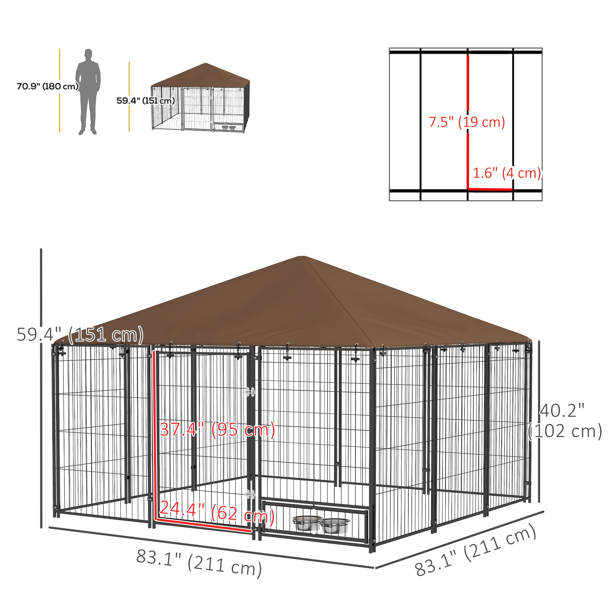 6.9' x 6.9' x 5' Outdoor Dog Kennel with Canopy, Rotating Bowls, Coffee Houses, Kennels & Pens   at Gallery Canada