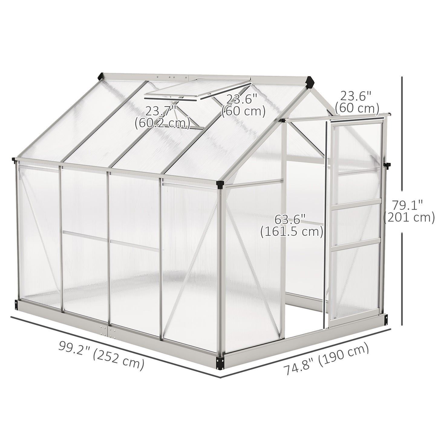 6' x 8' x 6.6' Polycarbonate Greenhouse, Walk-In Green House Kit Garden, Plants Grow, Galvanized Sheet Aluminum Frame with Rain Gutter, Vent and Sliding Door, Silver Walk In Greenhouses at Gallery Canada