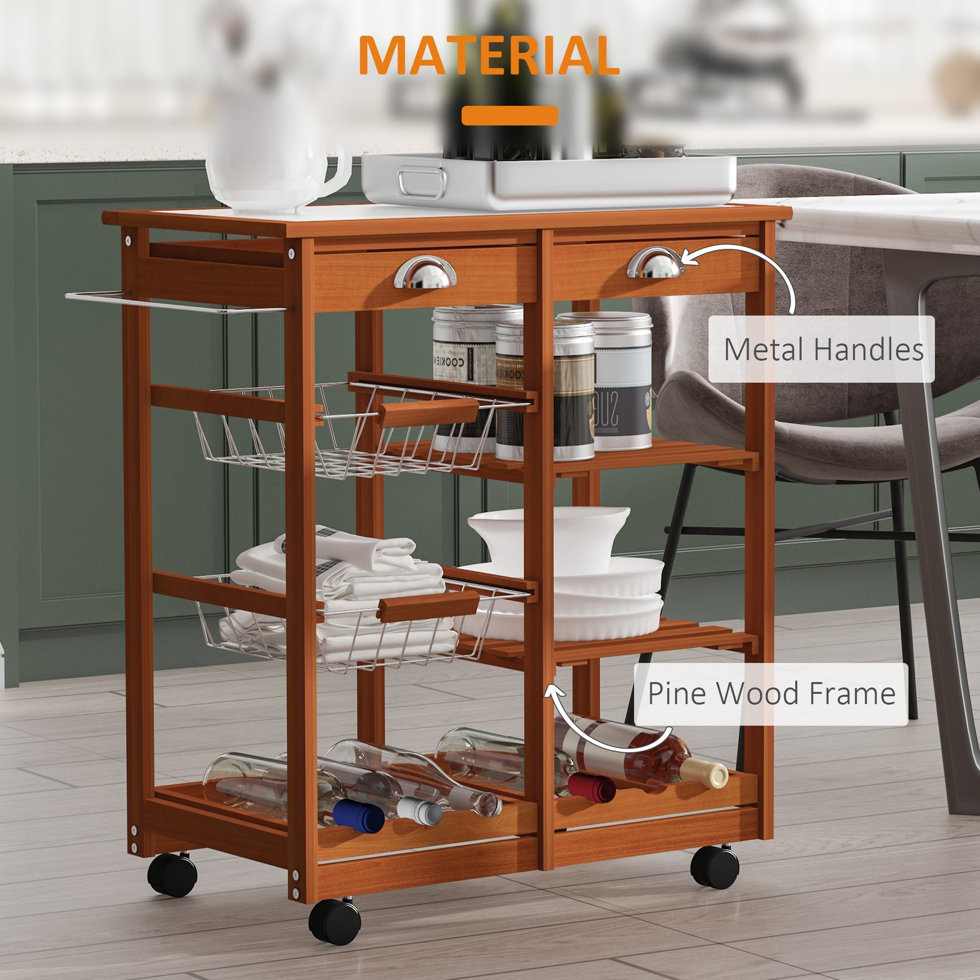 Rolling Kitchen Trolley Cart 4 Tier Storage Wooden Table Rack 2 Drawers Baskets Countertop Kitchen Islands & Kitchen Carts   at Gallery Canada