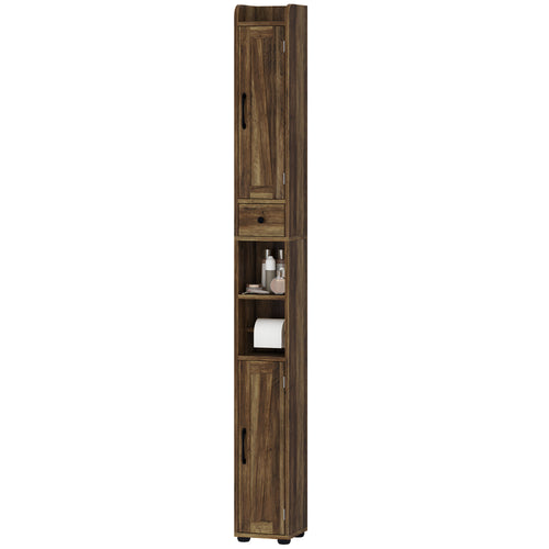 Narrow Bathroom Cabinet, Tall Bathroom Storage Cabinet with Barn Doors, Drawer and Adjustable Shelves, Brown Wood Grain