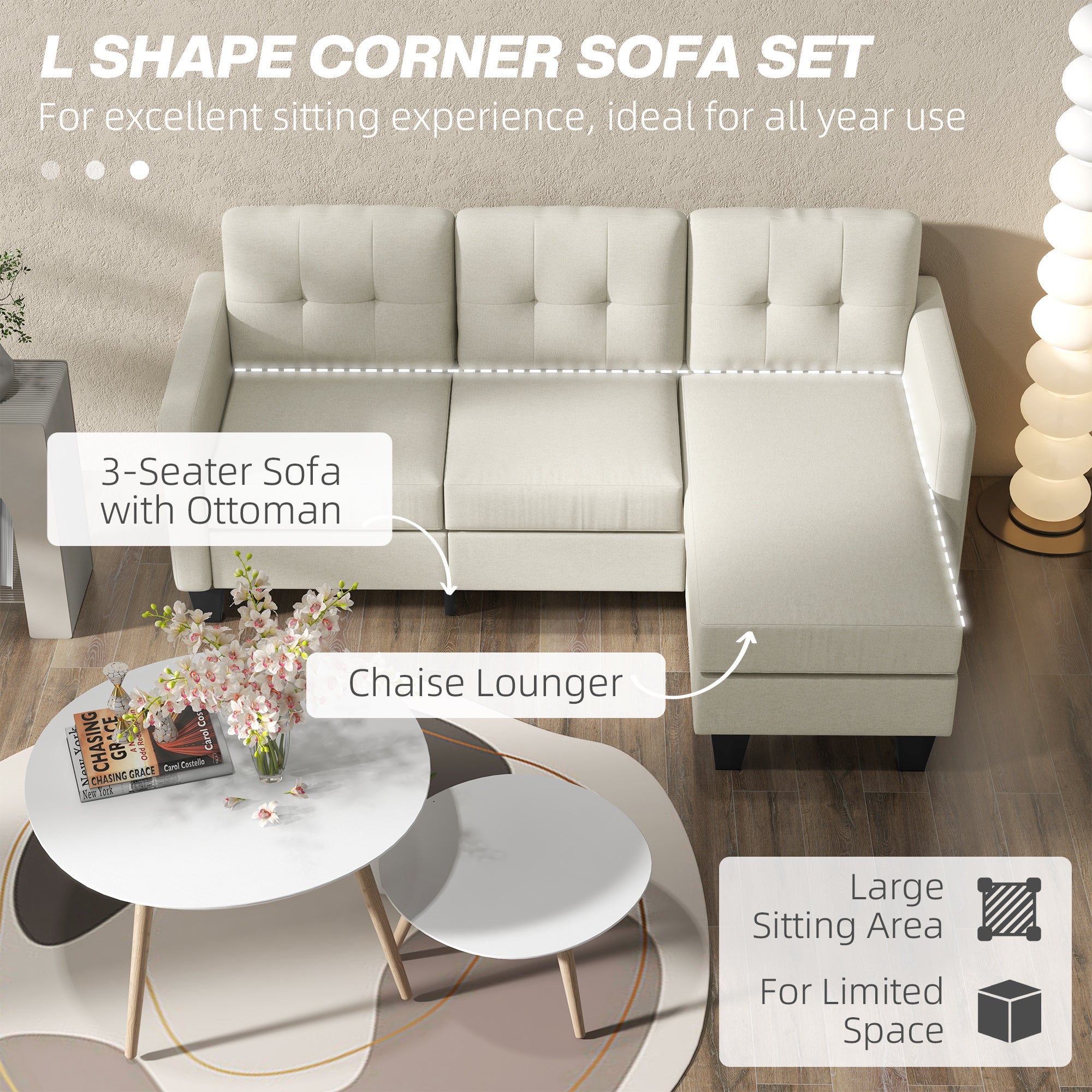 L-shaped Sofa, 3 Seater Sectional Couch with Ottoman, Corner Sofa with Thick Padded Cushion and Wood Legs, Beige 3-Seater Sofas at Gallery Canada