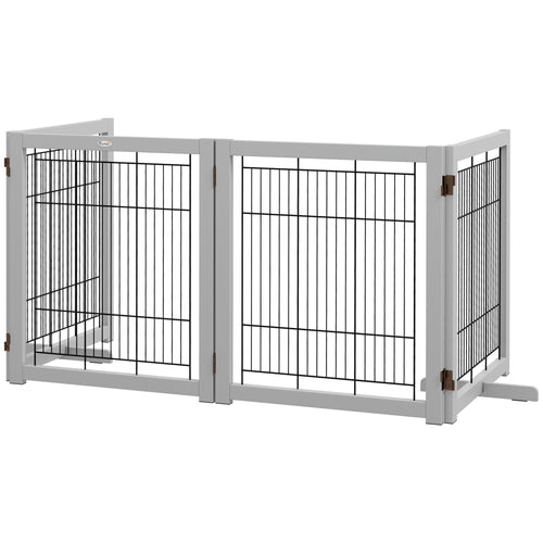 Wooden Dog Gate for Small &; Medium Dogs 4 Panel w/ Support Feet Foldable Pet Fence for House Doorway Light Grey