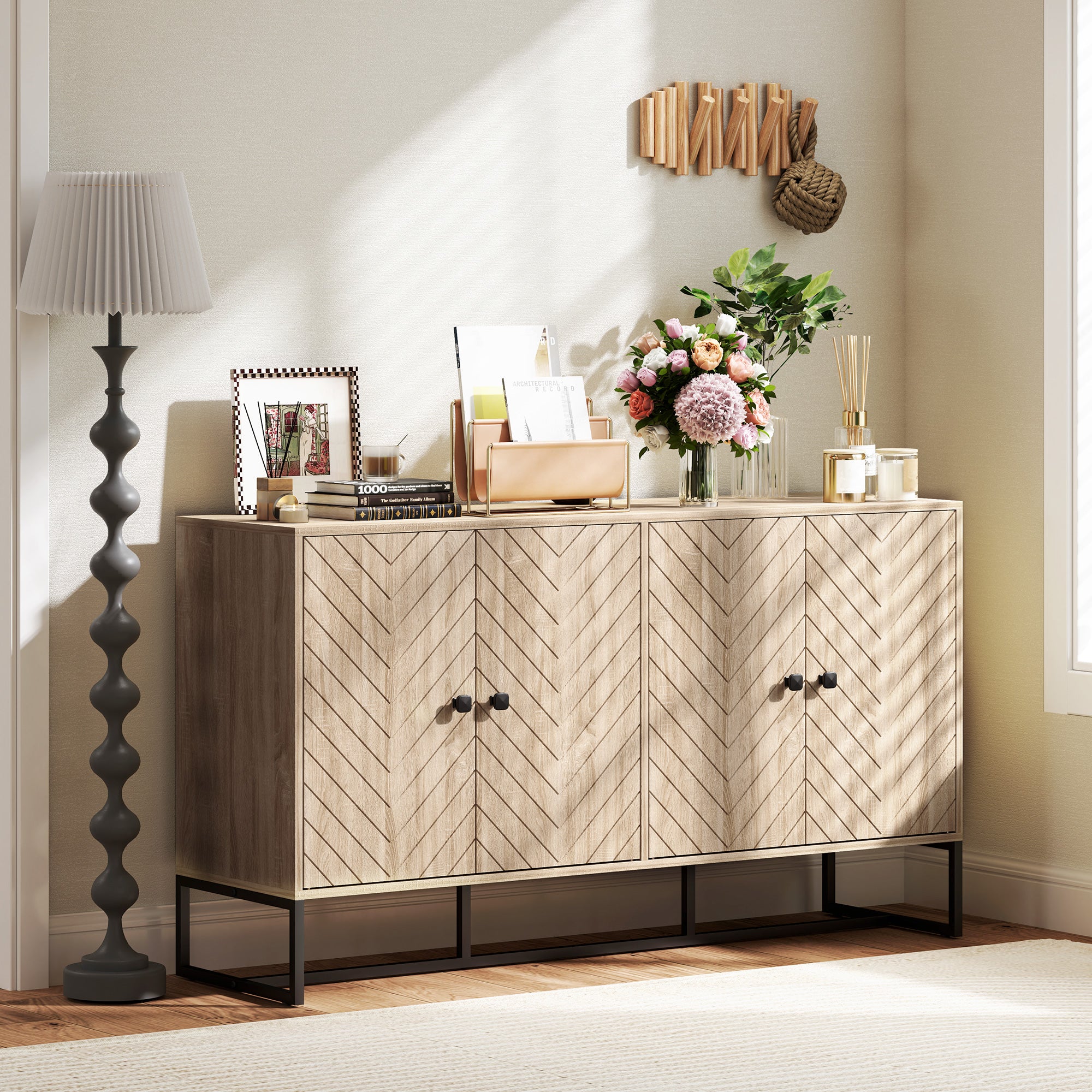 Sideboard Buffet Cabinet with 2 Adjustable Shelves and Steel Base, TV Stand, Coffee Bar Cabinet for Living Room, Oak Storage Cabinets at Gallery Canada