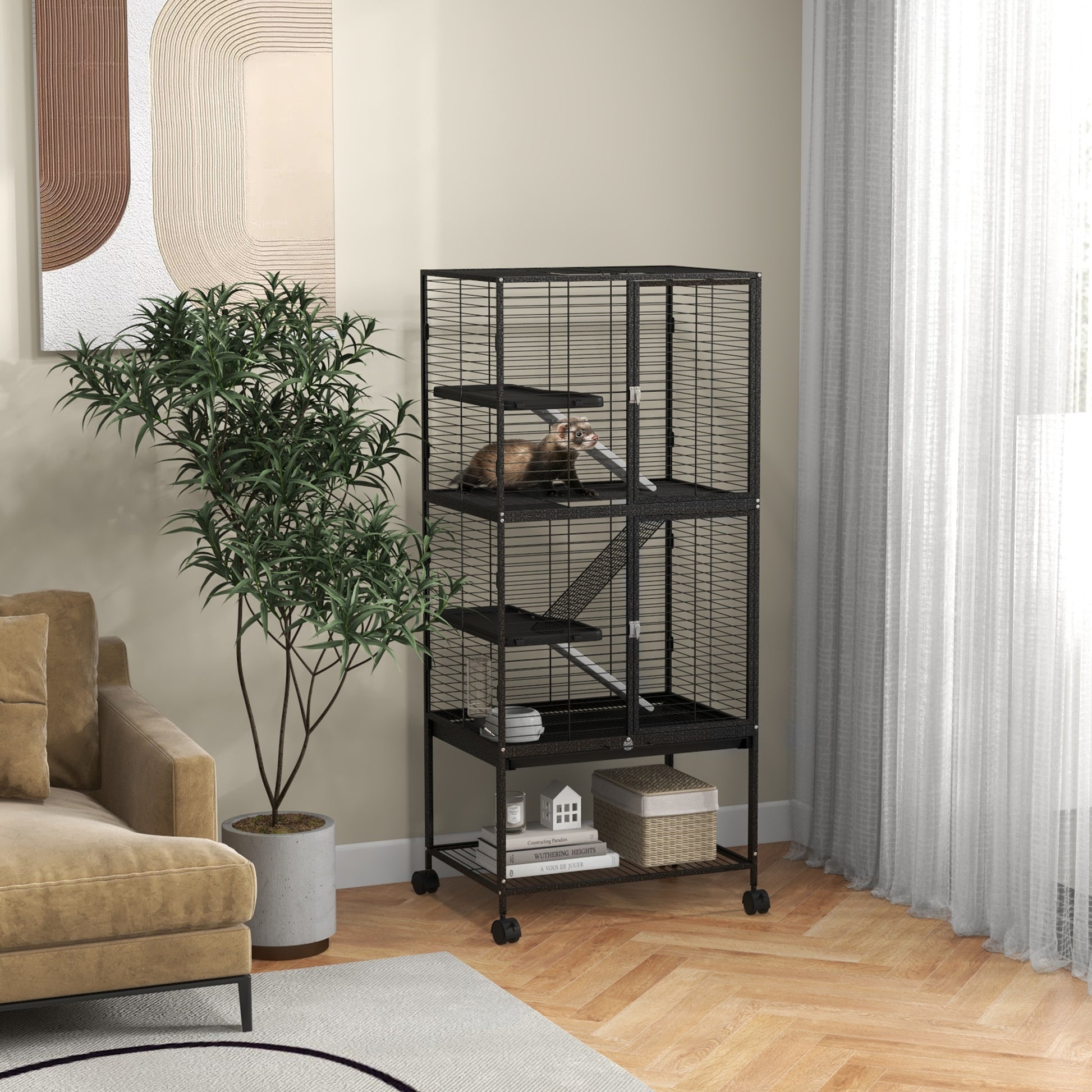 Rolling Small Animal Cage 53.5"H Chinchilla Cage for Ferrets, Squirrels w/ Removable Tray, Storage Shelf, Dark Grey Houses & Habitats   at Gallery Canada