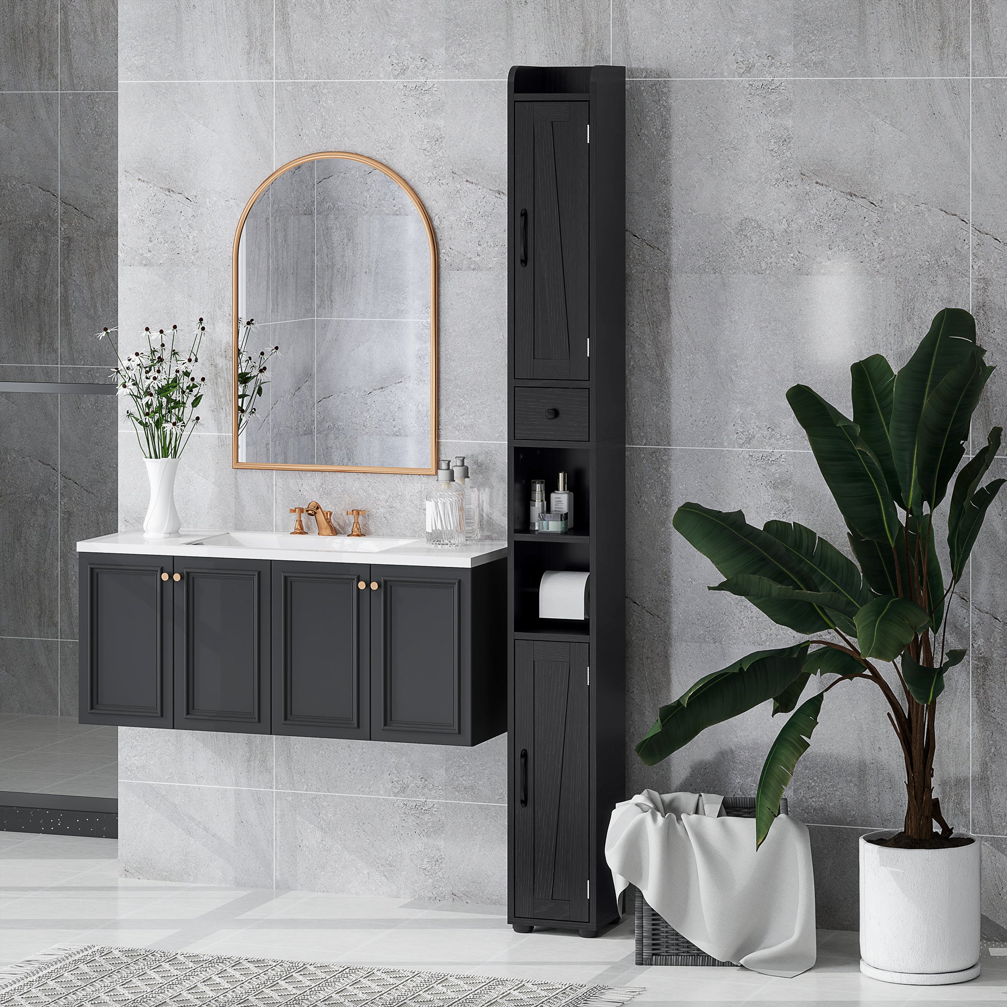Narrow Bathroom Cabinet, Tall Bathroom Storage Cabinet with Barn Doors, Drawer and Adjustable Shelves, Black Wood Grain Bathroom Cabinets at Gallery Canada