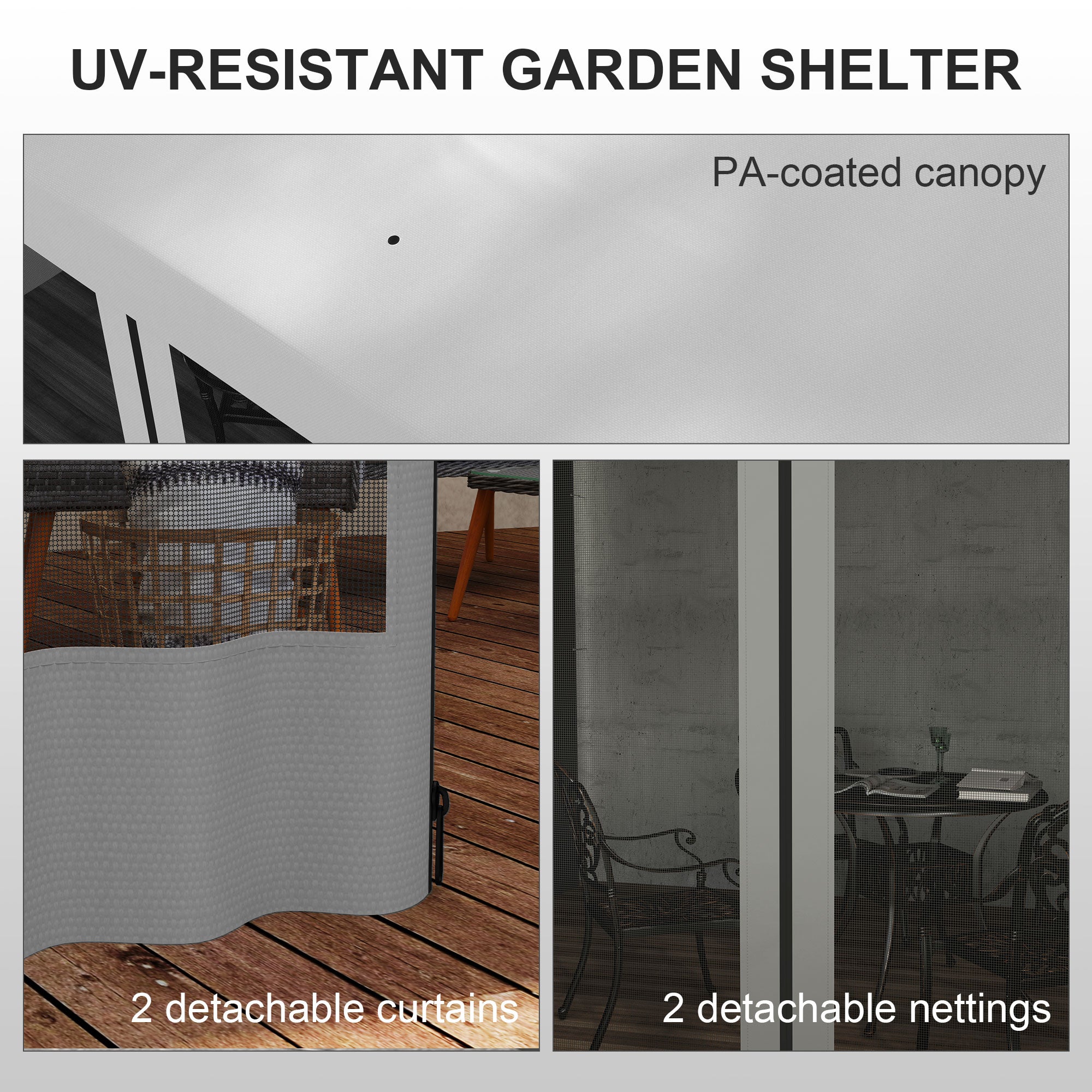 10' x 13' Wall Pergola, Outdoor Gazebo with 2 Curtains and 2 Nettings, UV Resistant, for Patio, Deck, Light Grey Pergolas at Gallery Canada