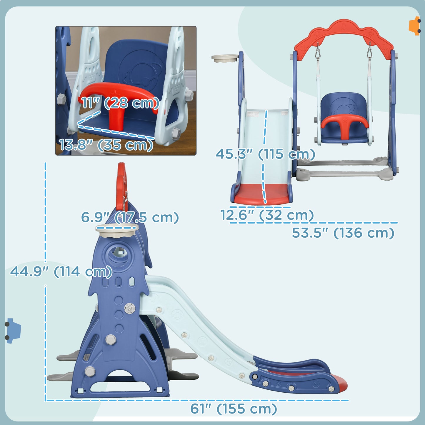 3 in 1 Kids Slide and Swing Set Indoor Playground w/ Basketball Hoop, Climber, Adjustable Swing, Dark Blue Gym Sets & Swings   at Gallery Canada