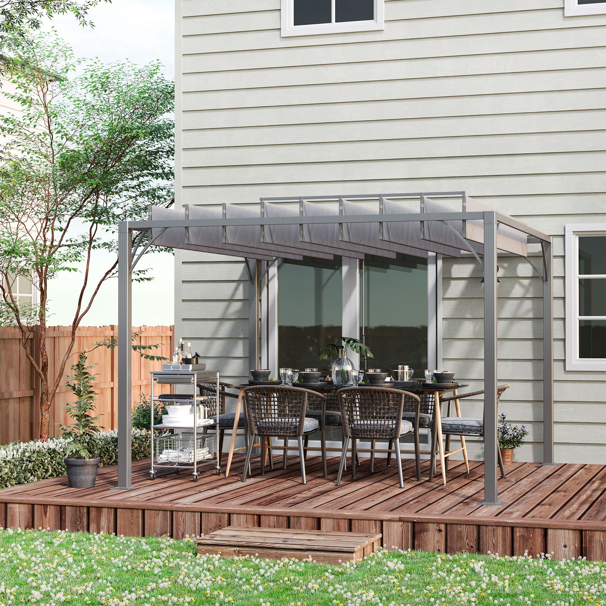 9.5' x 9.7' Outdoor Pergola with Retractable Roof, Aluminium Louvered Pergola Canopy Gazebo for Lawn Garden Patio, Grey Pergolas at Gallery Canada