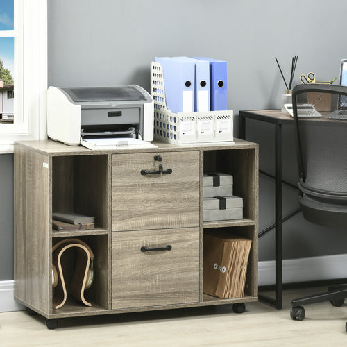 Lateral Filing Cabinet with Wheels and Lockable Drawer, File Cabinet, Mobile Printer Stand with Open Shelves for Letter and A4 Size Documents, Grey