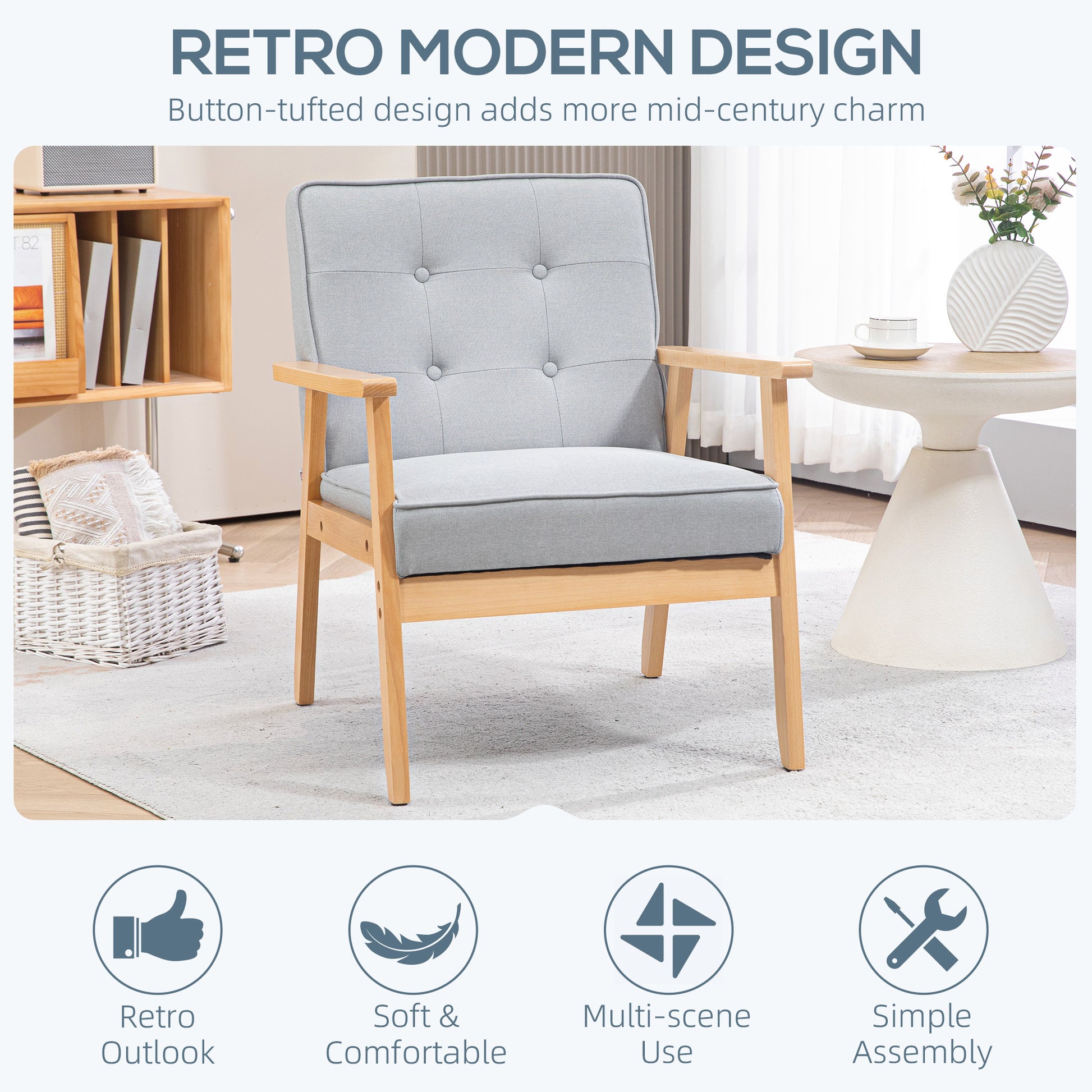 Modern Armchair Fabric, Accent Chair with Tufted Back, Wood Legs and Thick Padding for Living Room, Bedroom, Light Grey Accent Chairs   at Gallery Canada