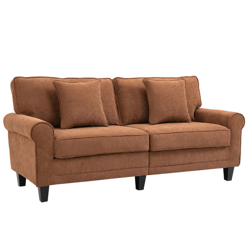 Modern 3 Seater Sofa, Corduroy Fabric 3 Seater Couch with Pine Wood Legs and Rolled Armrests for Living Room, Brown