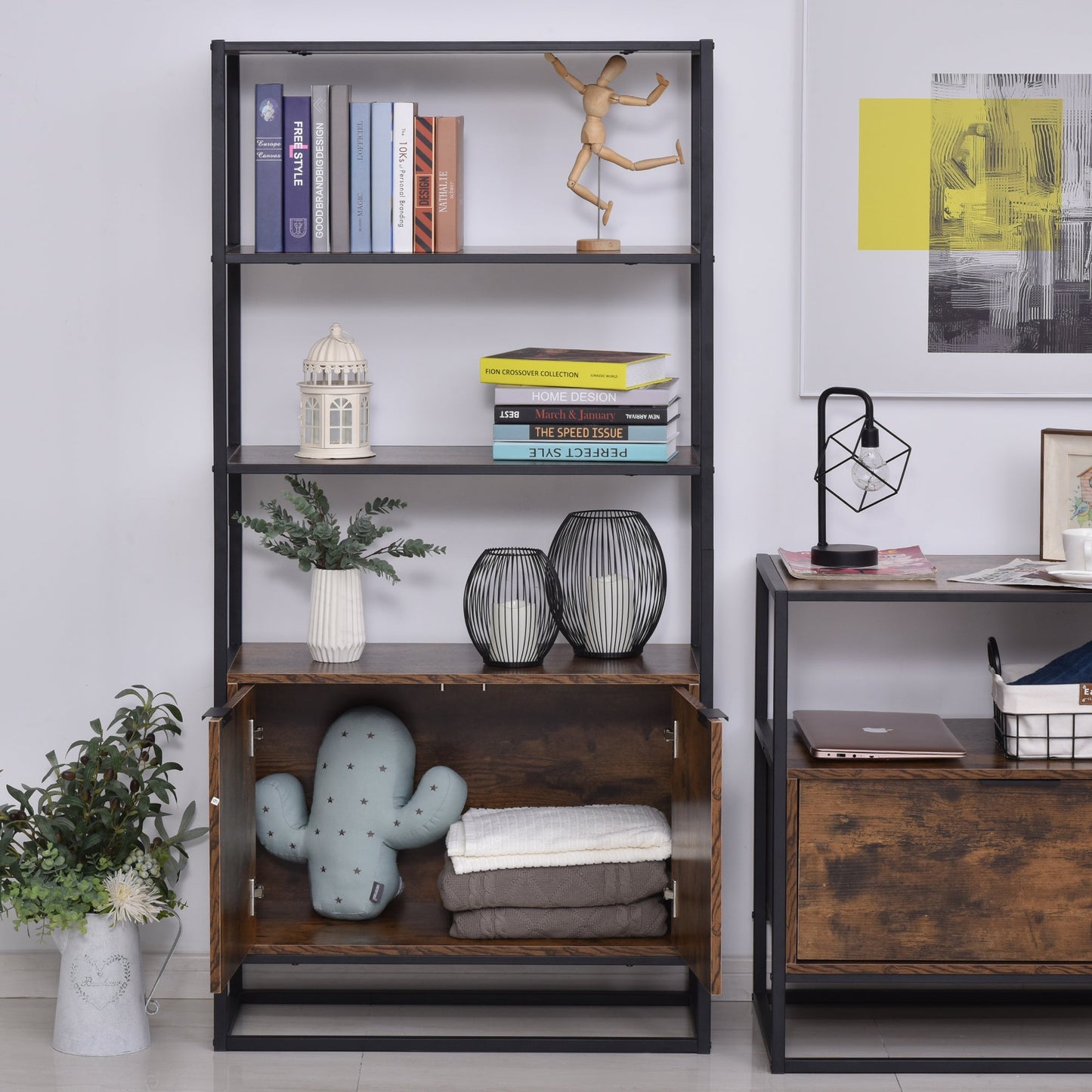 Storage Cabinet with 3 Open Shelves Cupboard Freestanding Tall Organizer Multifunctional Rack for Livingroom Bedroom Kitchen Rustic Brown Display Bookshelves   at Gallery Canada