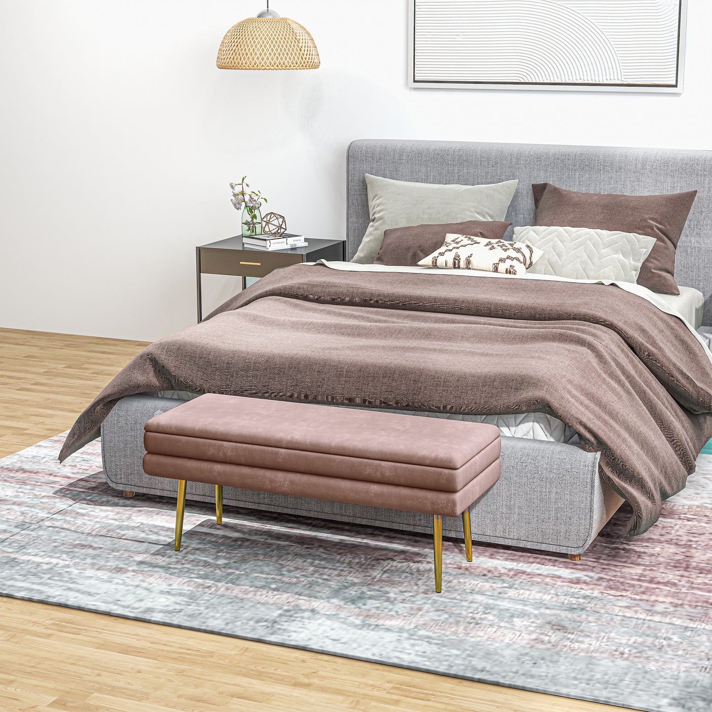 End of Bed Bench, Velvet-feel Upholstered Bench with Thick Padded Seat and Steel Legs, Modern Bedroom Bench, Pink Storage Ottomans & Benches   at Gallery Canada